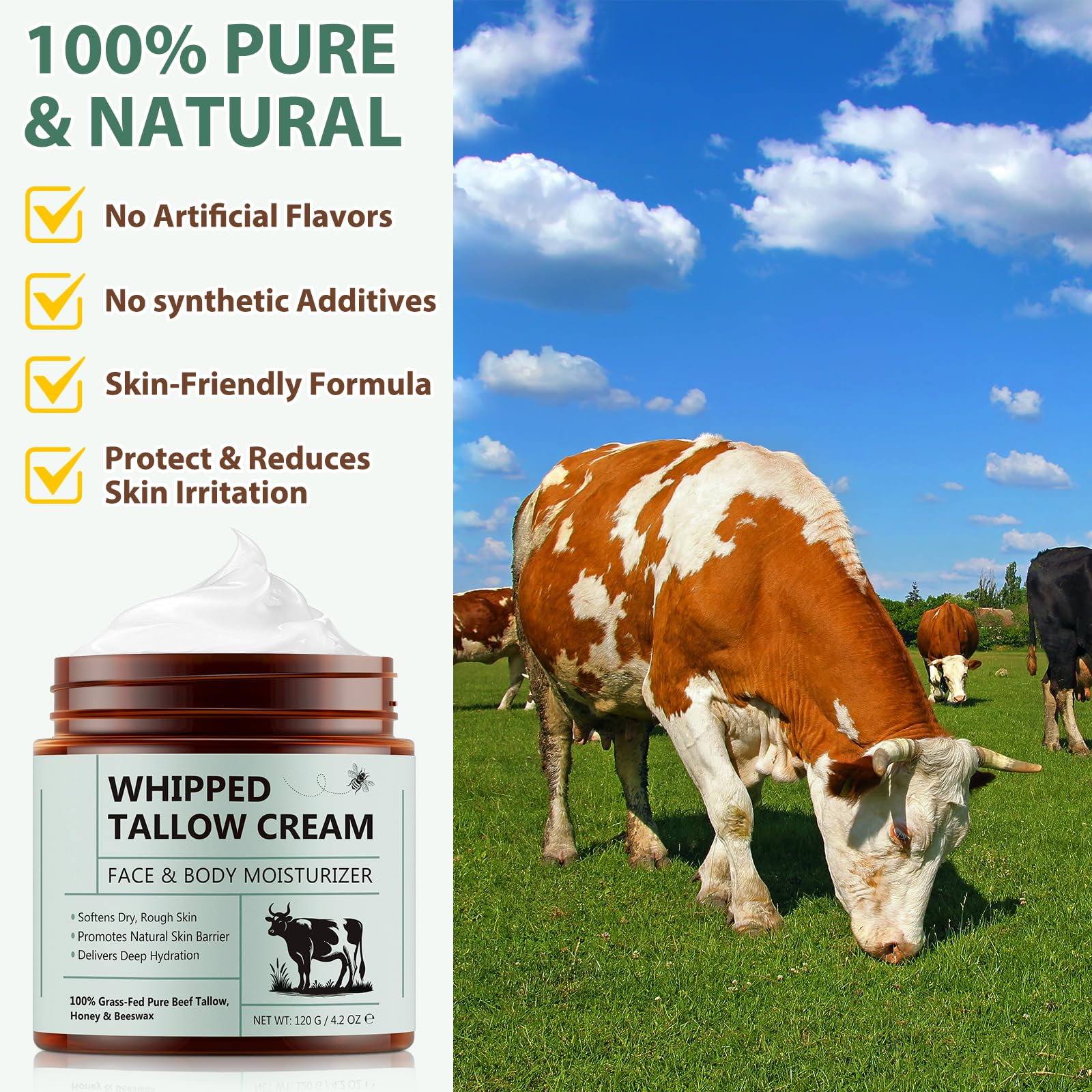 laraspi Beef Tallow Moisturizer – Organic Grass-Fed, Unscented Honey Cream, 4.2 oz
