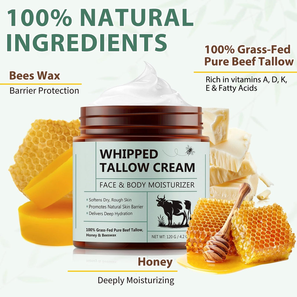 laraspi Beef Tallow Moisturizer – Organic Grass-Fed, Unscented Honey Cream, 4.2 oz