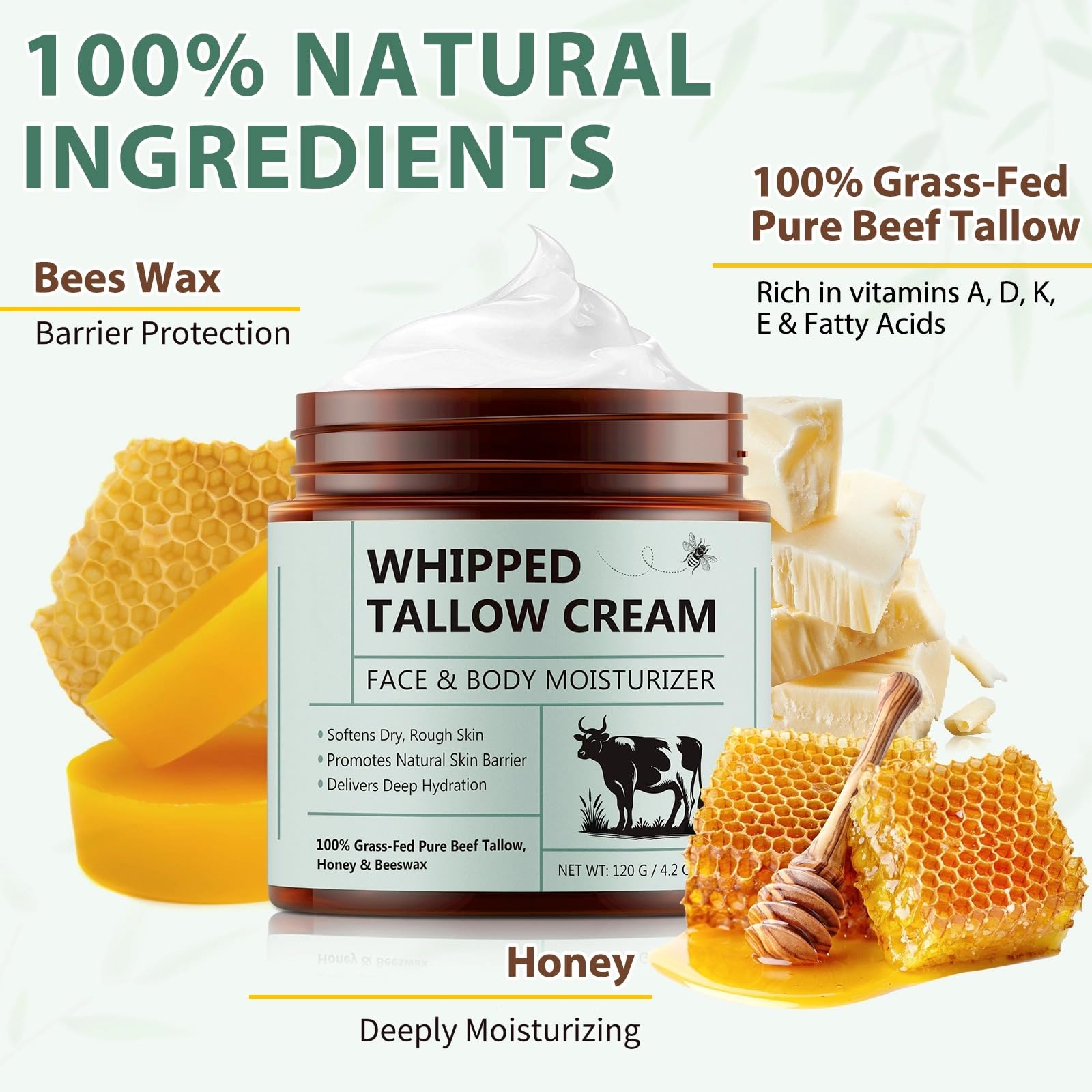 laraspi Beef Tallow Moisturizer – Organic Grass-Fed, Unscented Honey Cream, 4.2 oz