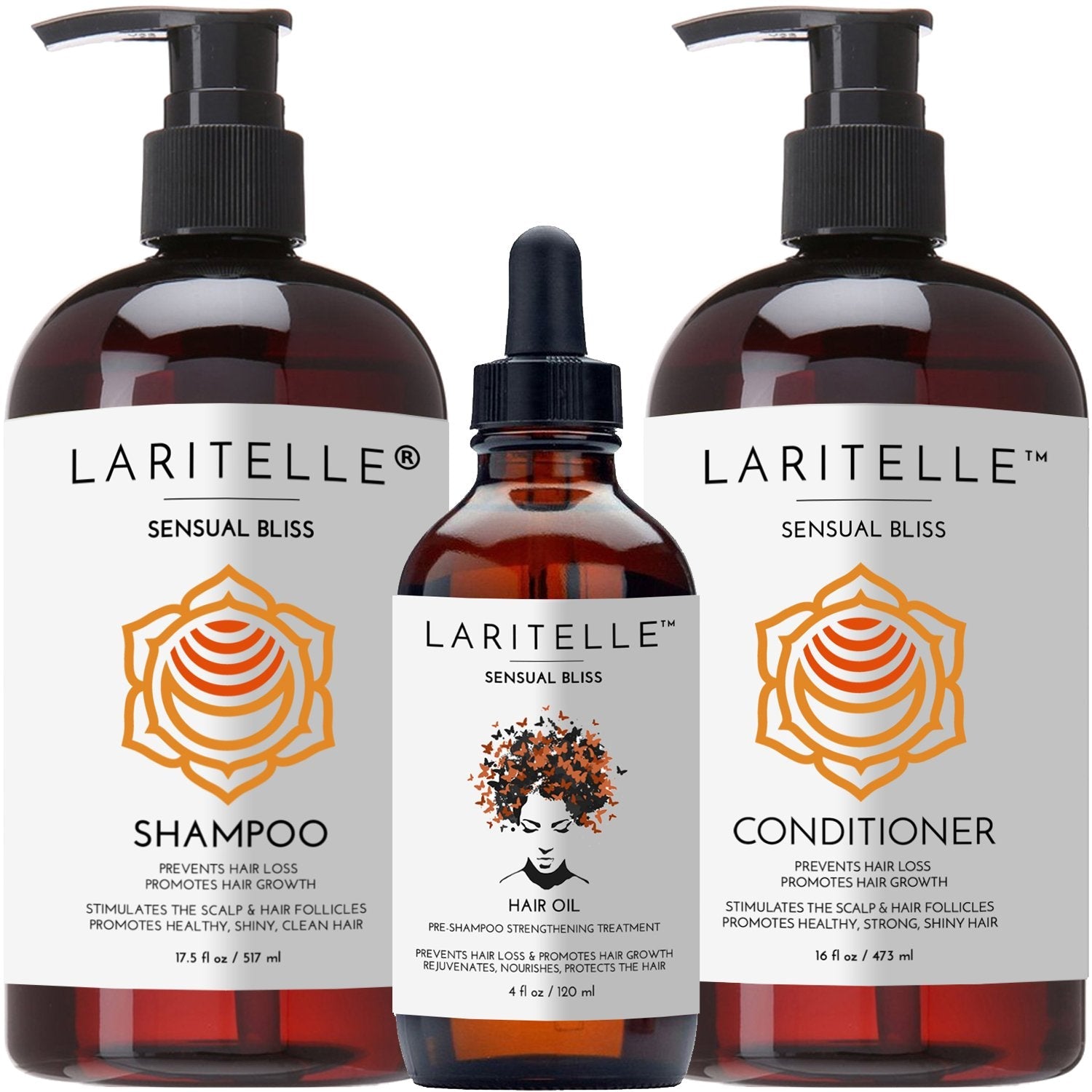 Laritelle Organic Hair Growth Set | Shampoo 16 oz + Conditioner 16 oz + Hair Loss Treatment 4 oz | Argan Oil, Rosemary, Palmarosa & Orange | GMO-Free & Sulfate-Free