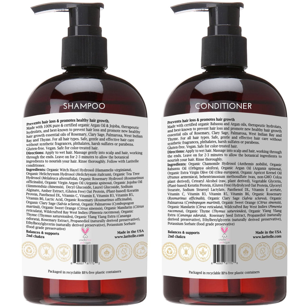 Laritelle Organic Hair Growth Set | Shampoo 16 oz + Conditioner 16 oz + Hair Loss Treatment 4 oz | Argan Oil, Rosemary, Palmarosa & Orange | GMO-Free & Sulfate-Free