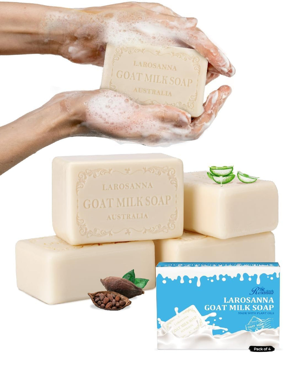 Larosanna Australian Goat Milk Soap – Hydrating, Gentle Cleanse with Cocoa Butter & Aloe Vera | Pack of 4 Bars