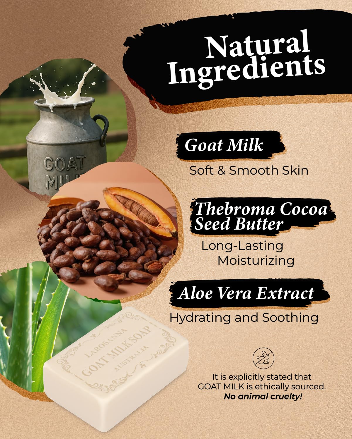 Larosanna Australian Goat Milk Soap – Hydrating, Gentle Cleanse with Cocoa Butter & Aloe Vera | Pack of 4 Bars