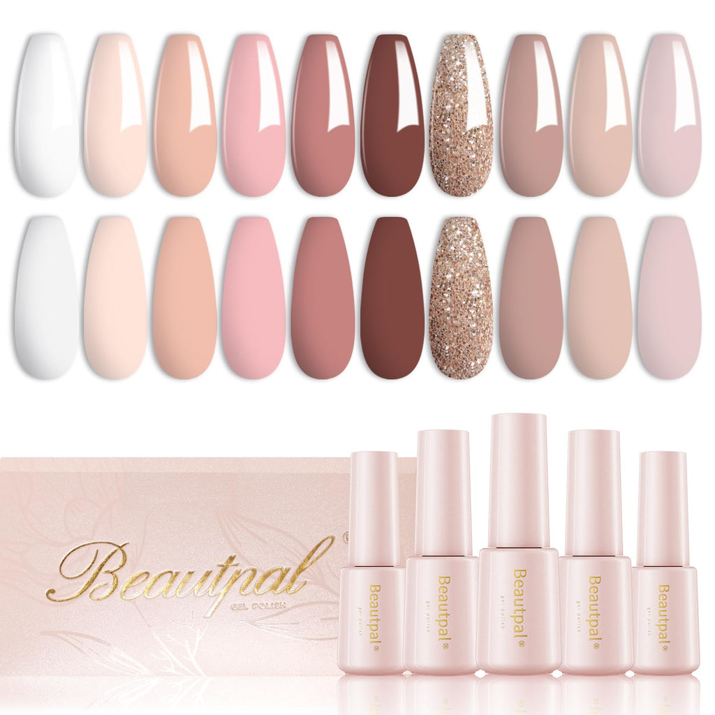 Larvall Beautpal Nude Gel Nail Polish Set – 10 Neutral Pink Nude Glitter Shades for At-Home Manicures