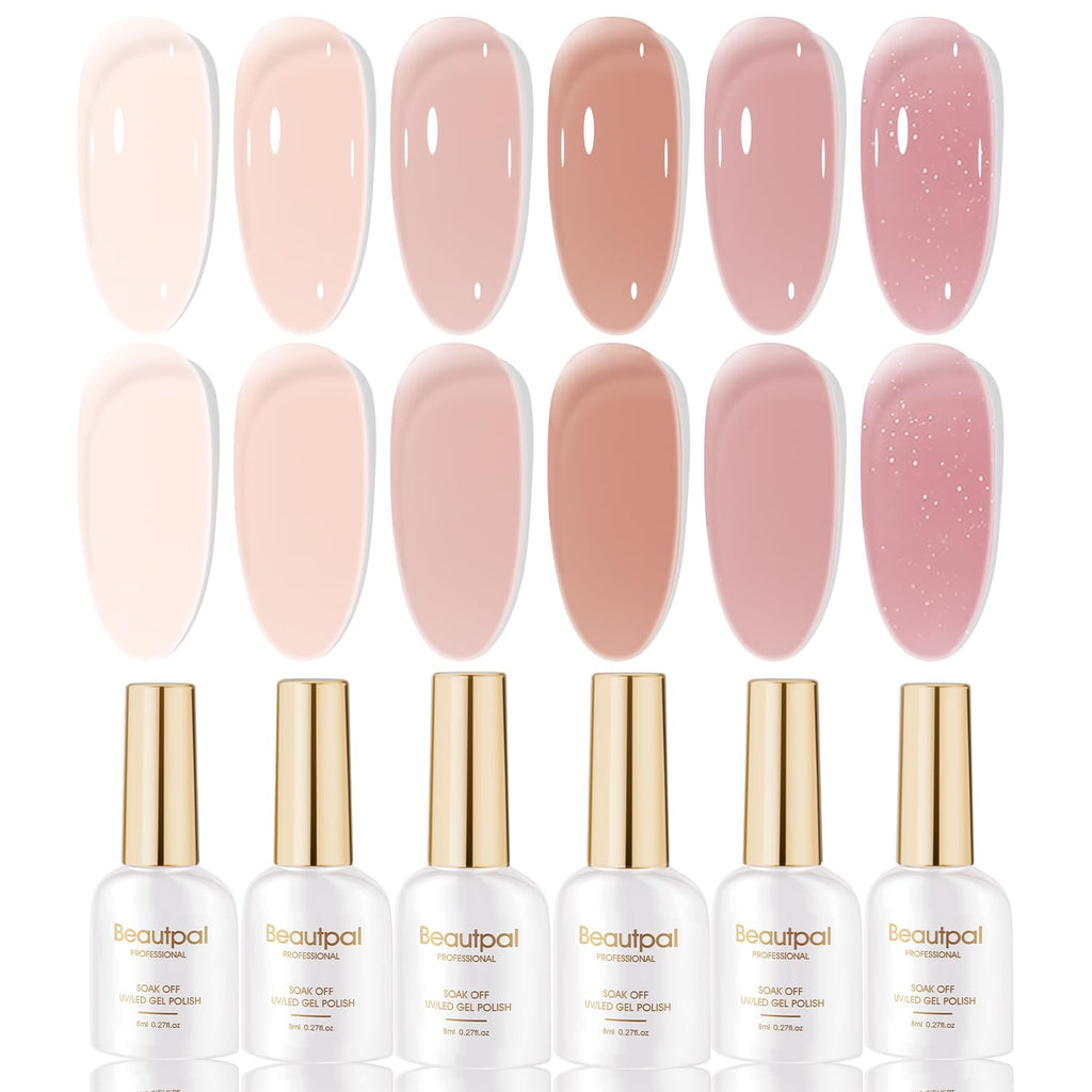 Larvall Beautpal Nude Gel Polish Set – Milky Nude Jelly Gel Polish Kit, 6×8ml, Soak-Off UV Translucent Nails J03