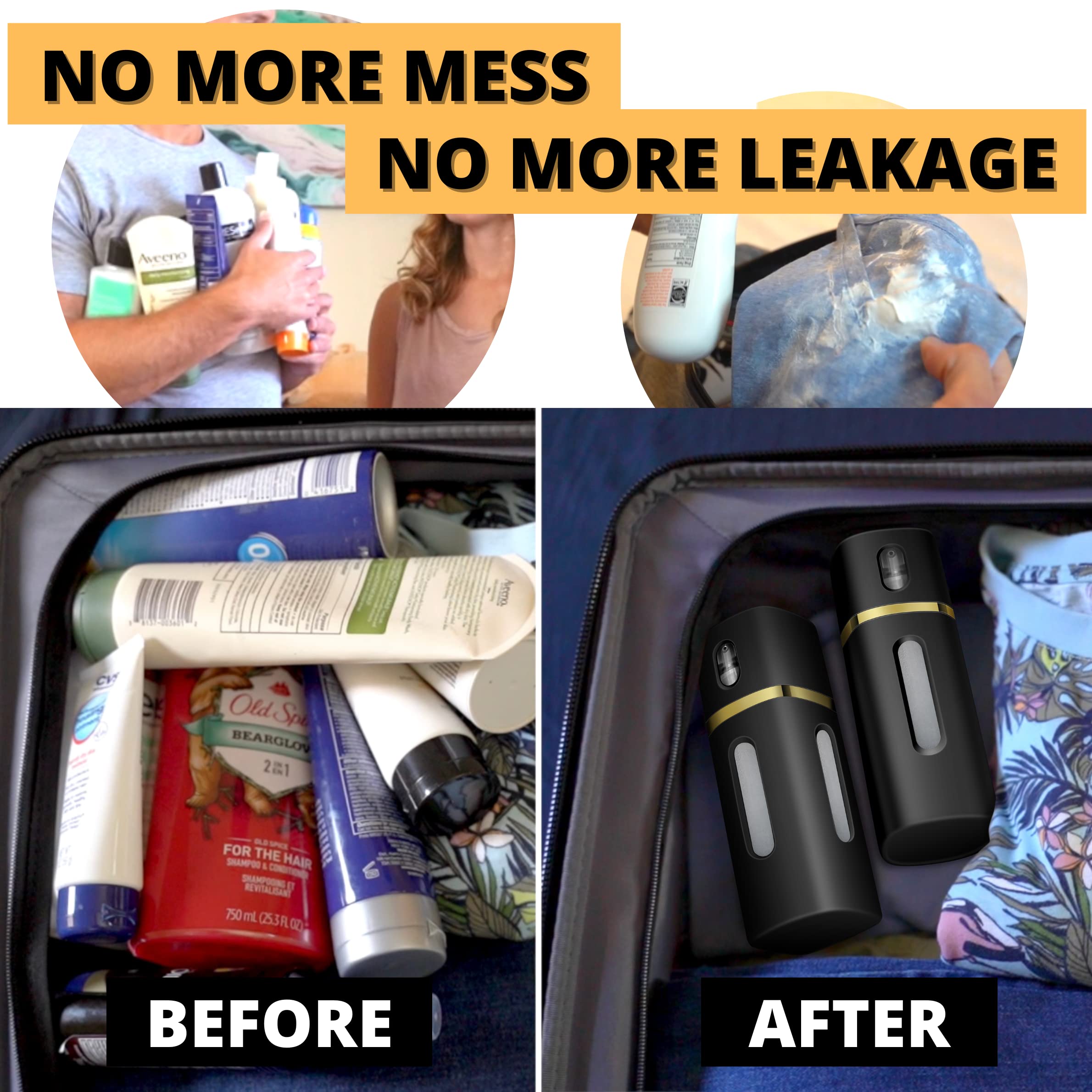 LASBOTTLE 4-in-1 Travel Bottle | Leak-Proof Pump Dispenser 6.1 oz (Gold/Black)