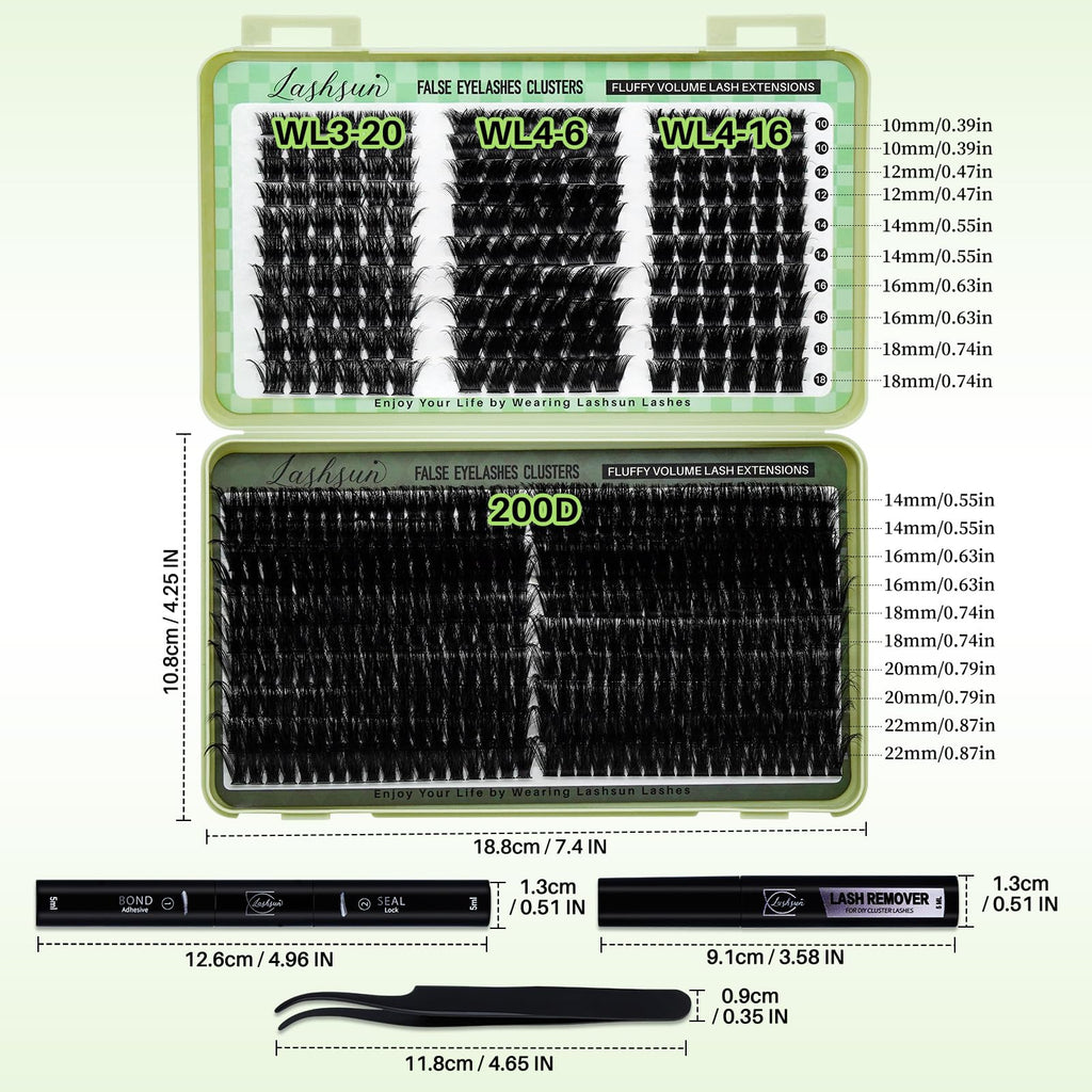 LASHSUN WL+200D Lash Clusters Kit – DIY Lash Extensions with Bond & Seal, Remover & Tweezers