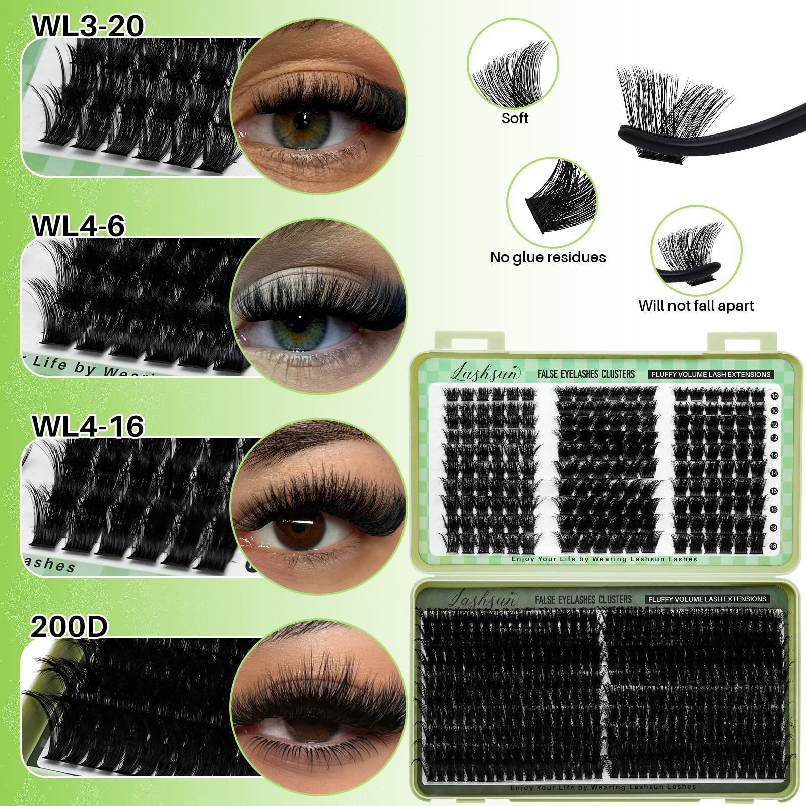 LASHSUN WL+200D Lash Clusters Kit – DIY Lash Extensions with Bond & Seal, Remover & Tweezers