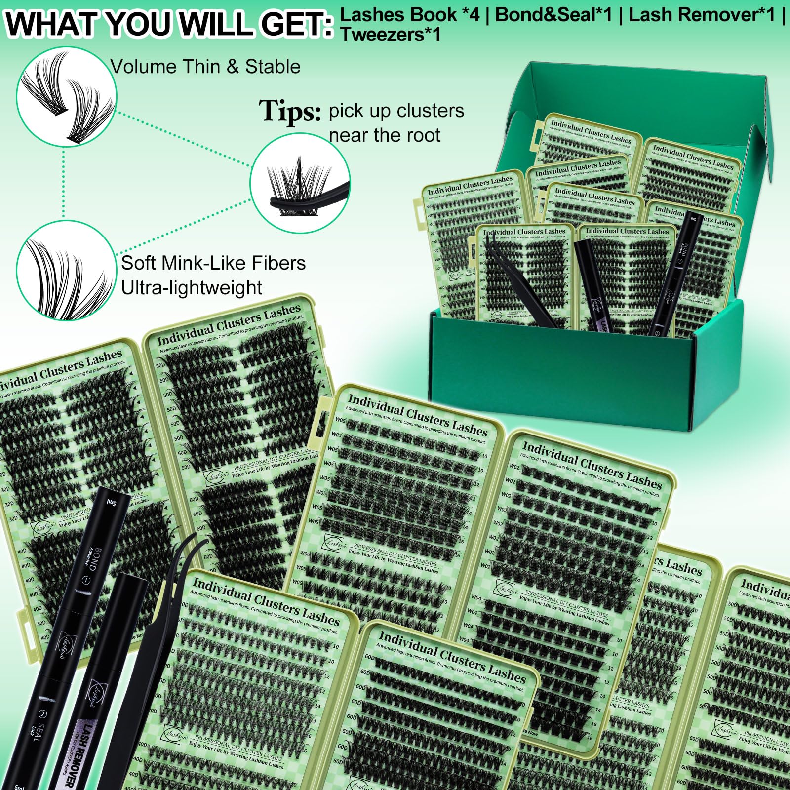 LASHSUN Lash Clusters Kit – Wispy Cat Eye Lashes with Bond, Seal, Remover & Tweezers