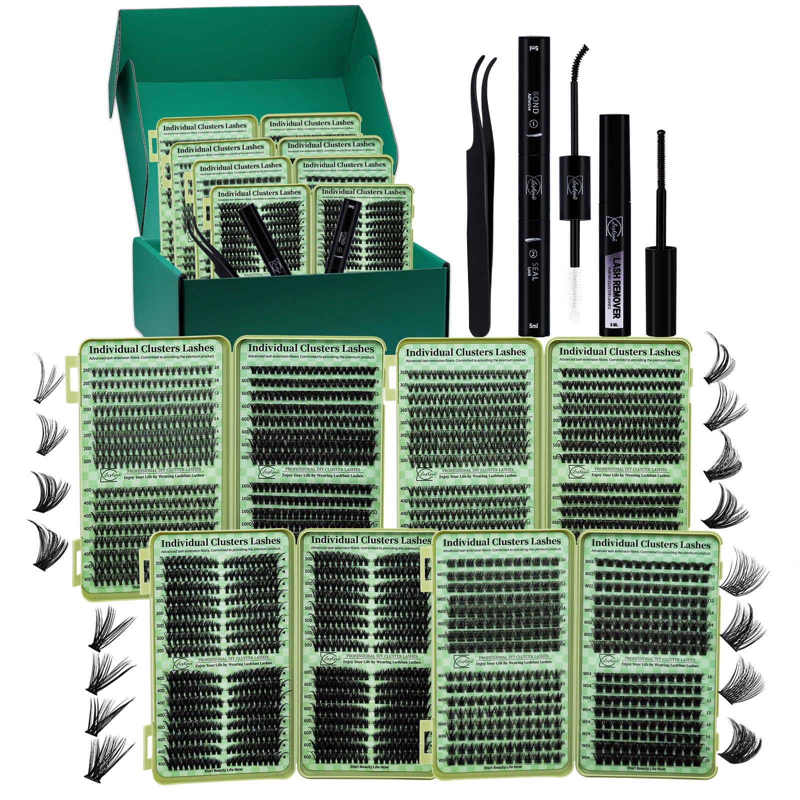 LASHSUN Lash Clusters Kit – Wispy Cat Eye Lashes with Bond, Seal, Remover & Tweezers