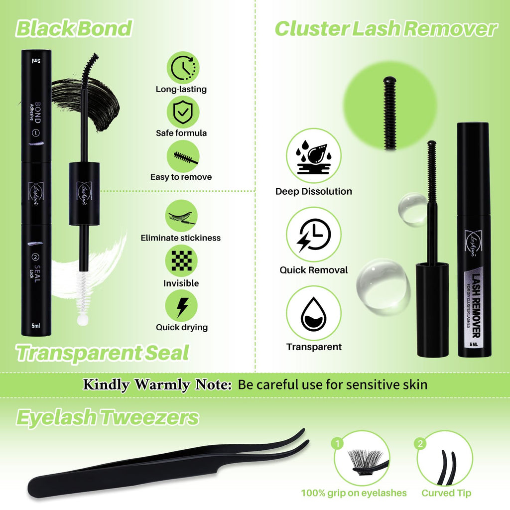 LASHSUN WL+200D Lash Clusters Kit – DIY Lash Extensions with Bond & Seal, Remover & Tweezers