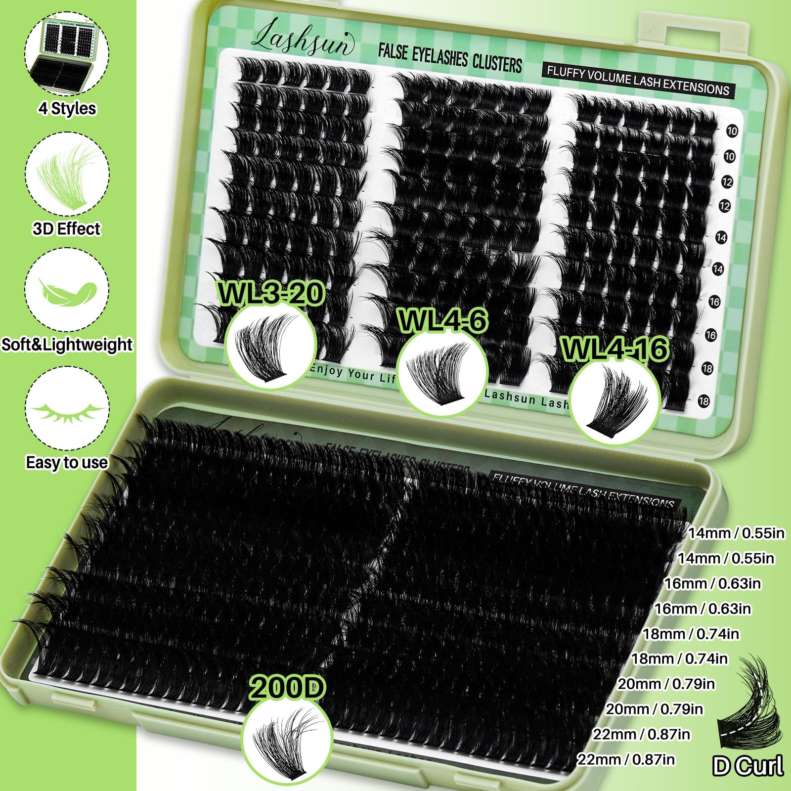 LASHSUN WL+200D Lash Clusters Kit – DIY Lash Extensions with Bond & Seal, Remover & Tweezers