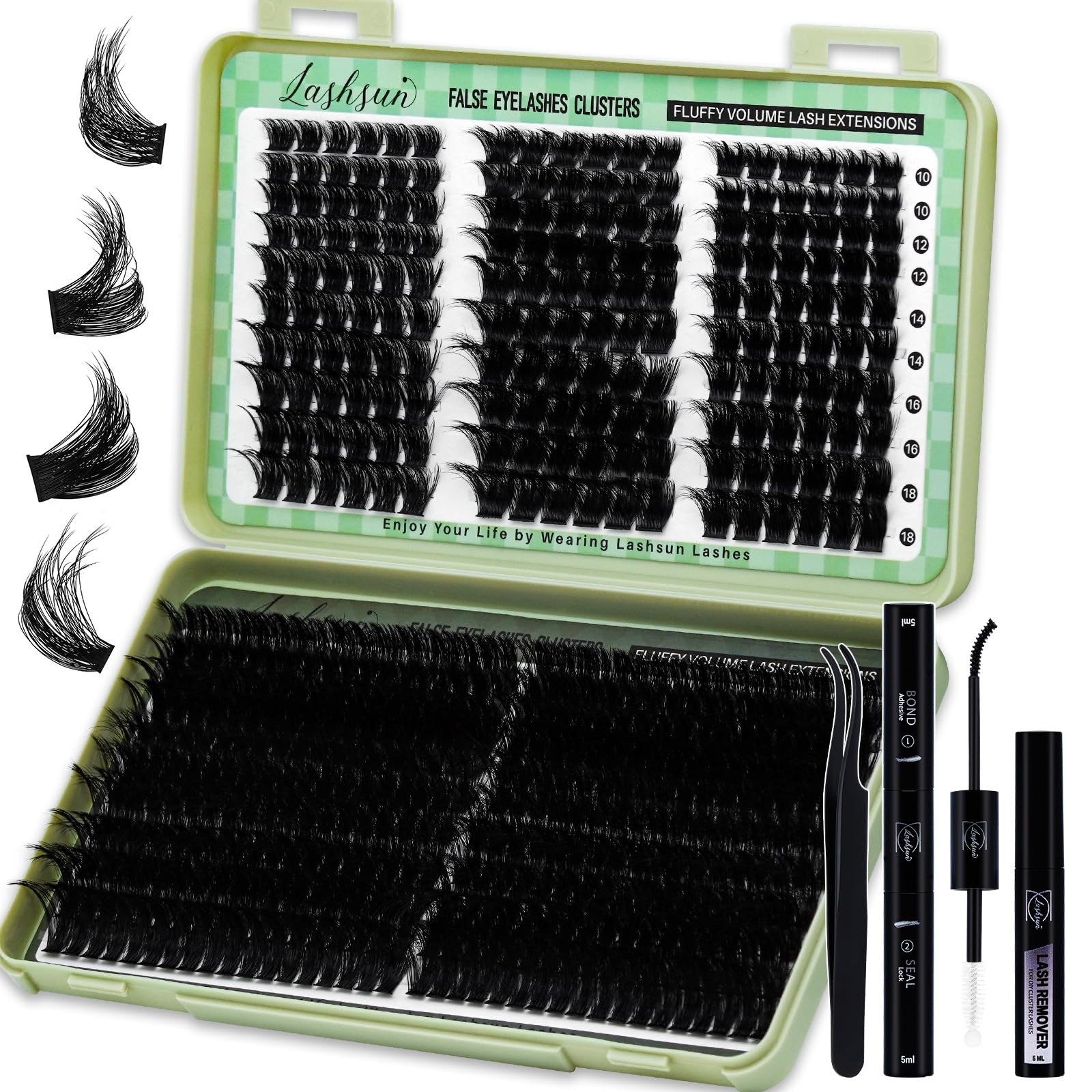 LASHSUN WL+200D Lash Clusters Kit – DIY Lash Extensions with Bond & Seal, Remover & Tweezers