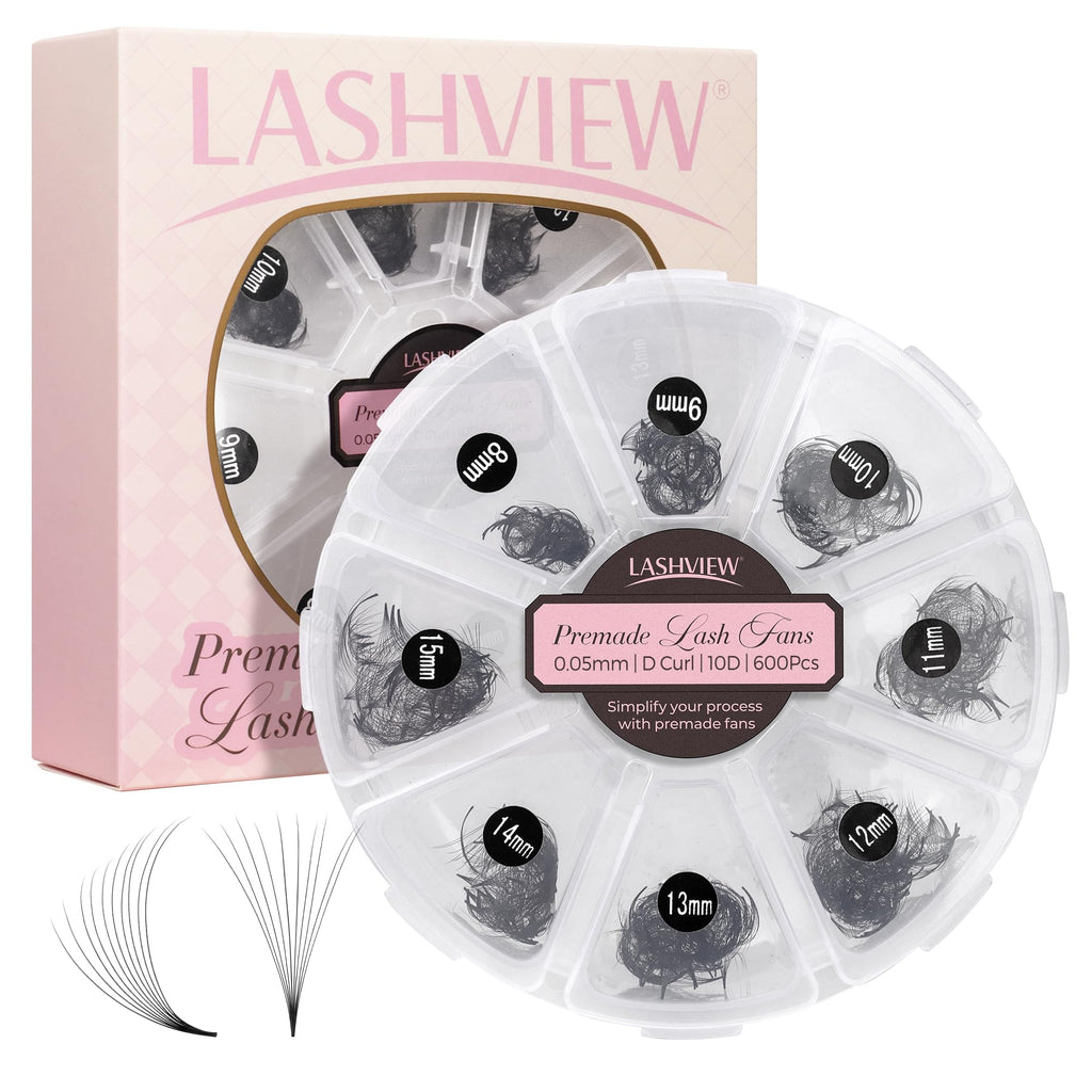 LASHVIEW 600 Premade Volume Eyelash Extensions – D Curl, 10D-0.05D, 8–15mm – Handmade, Thin Base