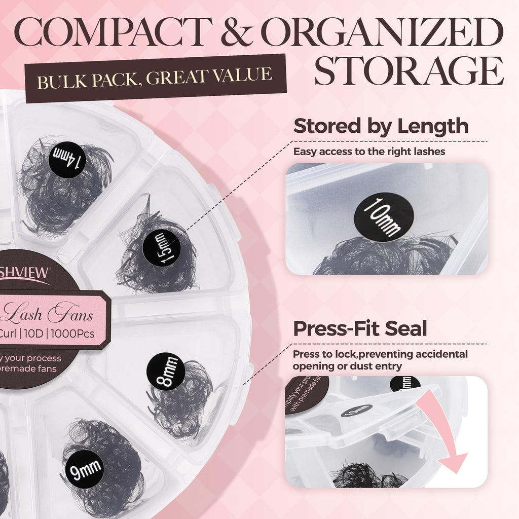 LASHVIEW 600 Premade Volume Eyelash Extensions – D Curl, 10D-0.05D, 8–15mm – Handmade, Thin Base