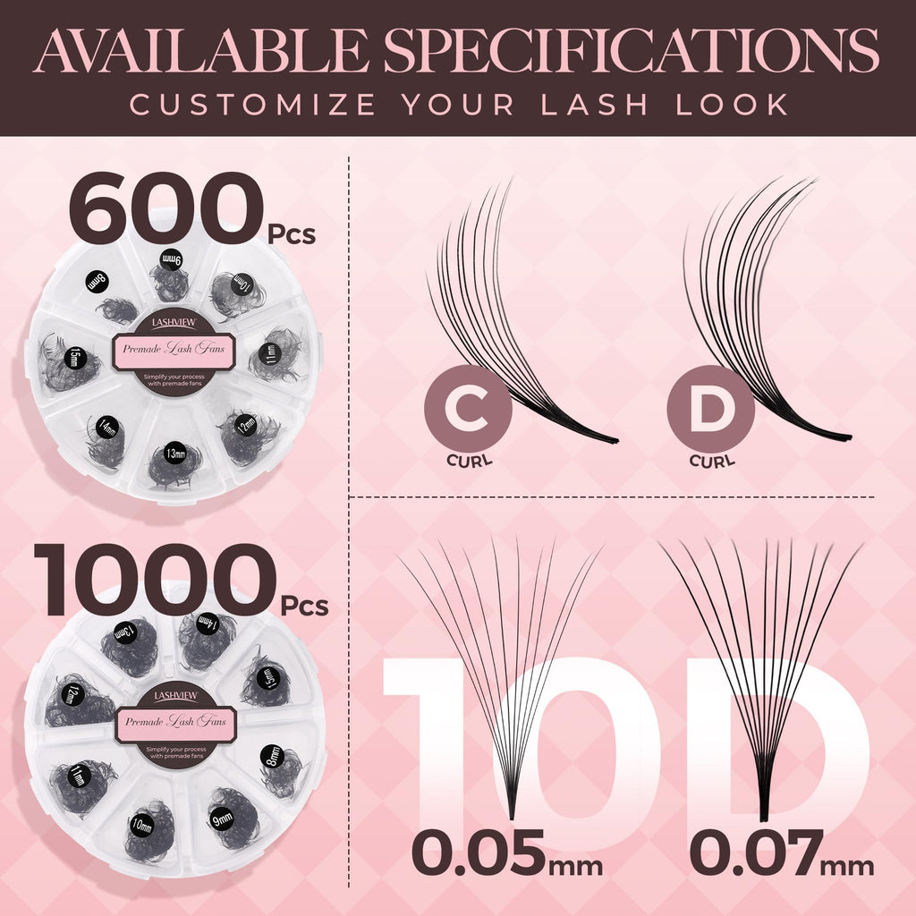 LASHVIEW 600 Premade Volume Lash Fans – C Curl, 10D-0.07C, 8-15mm | Mixed Tray Bulk (600/1000)