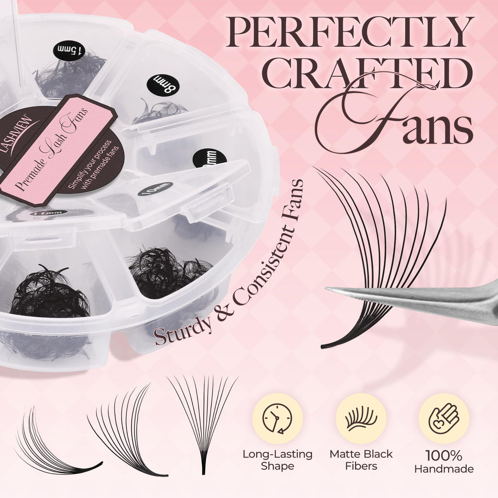LASHVIEW 600 Premade Volume Lash Fans – C Curl, 10D-0.07C, 8-15mm | Mixed Tray Bulk (600/1000)