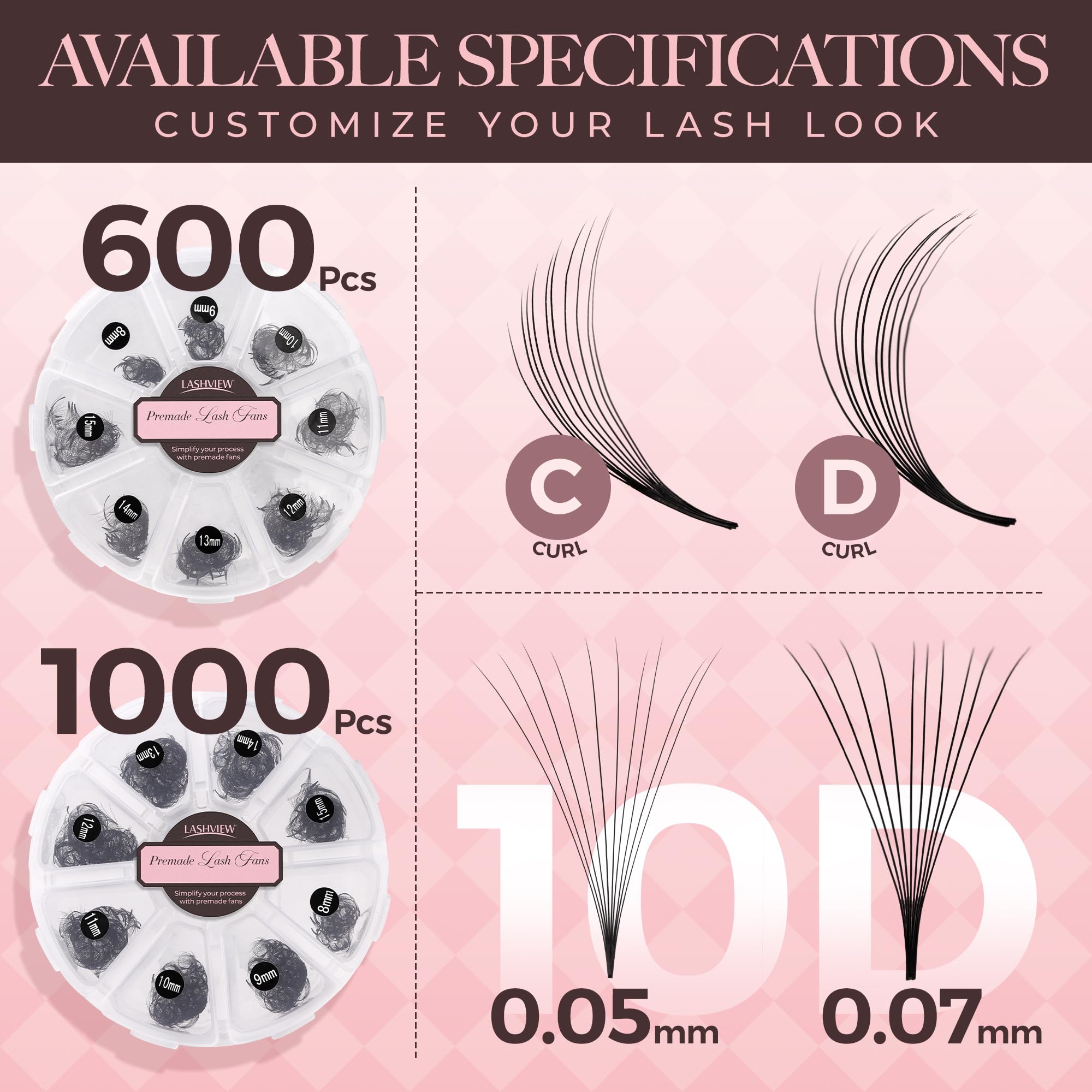 LASHVIEW 600 Premade Volume Eyelash Extensions – D Curl, 10D-0.05D, 8–15mm – Handmade, Thin Base