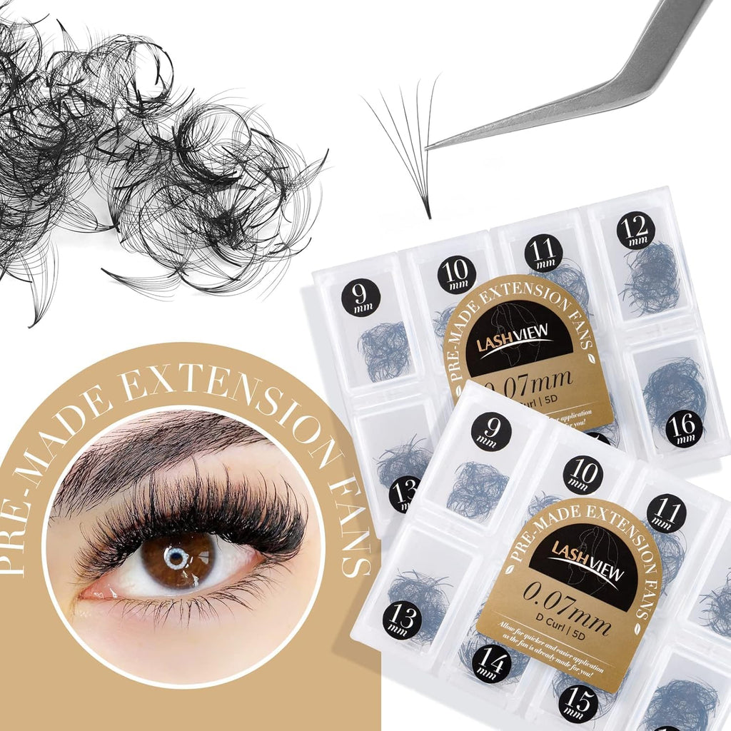 LASHVIEW 1000 Premade Volume Eyelash Extensions — 5D/10D, C&D Curl, 9-16mm