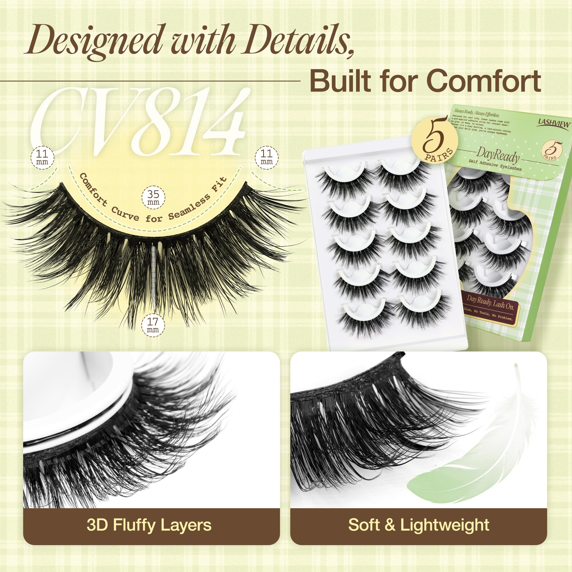 LASHVIEW Self Adhesive Eyelashes – Natural Look, No Glue Needed, Reusable 5 Pairs (CV031)