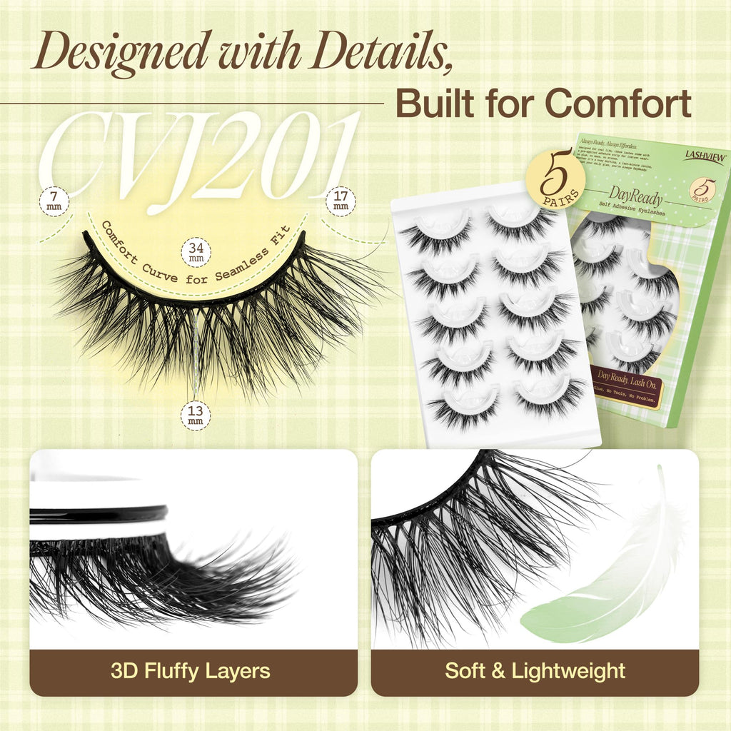 LASHVIEW Self Adhesive Eyelashes – Natural Look Press On Lashes, No Glue Needed, Reusable 5 Pairs (CV201)