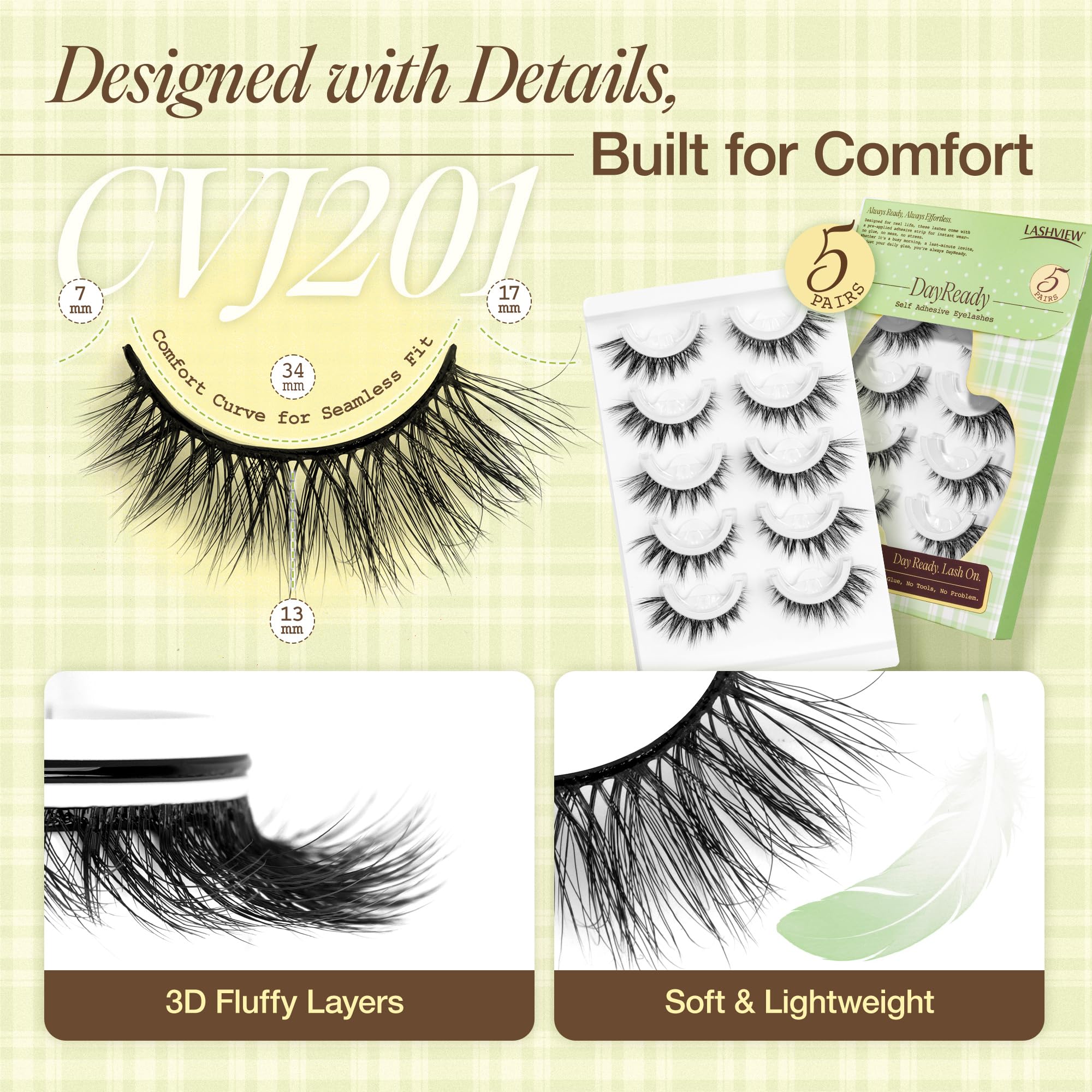 LASHVIEW Self Adhesive Eyelashes – Natural Look Press On Lashes, No Glue Needed, Reusable 5 Pairs (CV201)