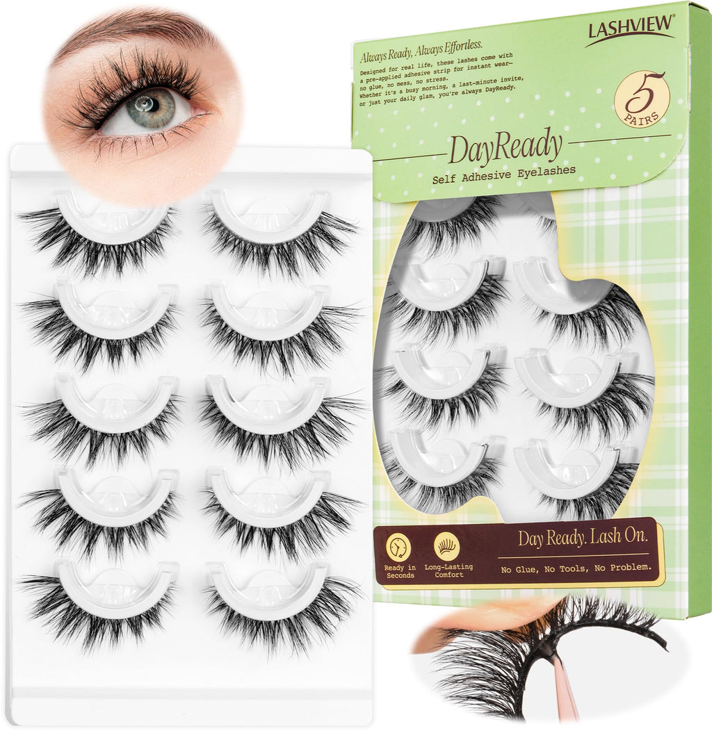 LASHVIEW Self Adhesive Eyelashes – Natural Look Press On Lashes, No Glue Needed, Reusable 5 Pairs (CV201)