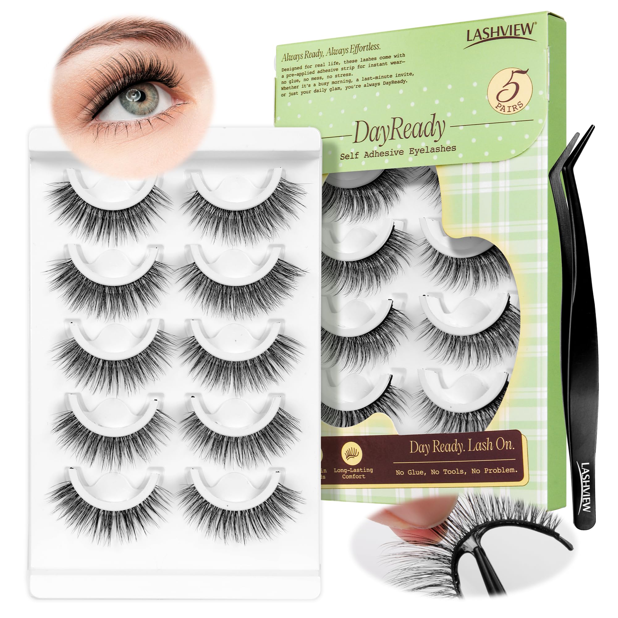 LASHVIEW Self-Adhesive Eyelashes – Natural Look Press-On Lashes, 5 Pairs