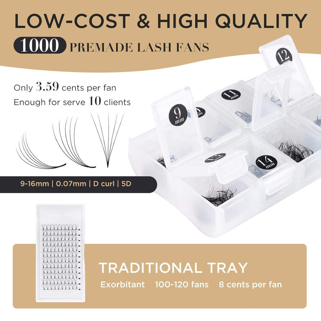 LASHVIEW 1000 Premade Volume Eyelash Extensions — 5D/10D, C&D Curl, 9-16mm