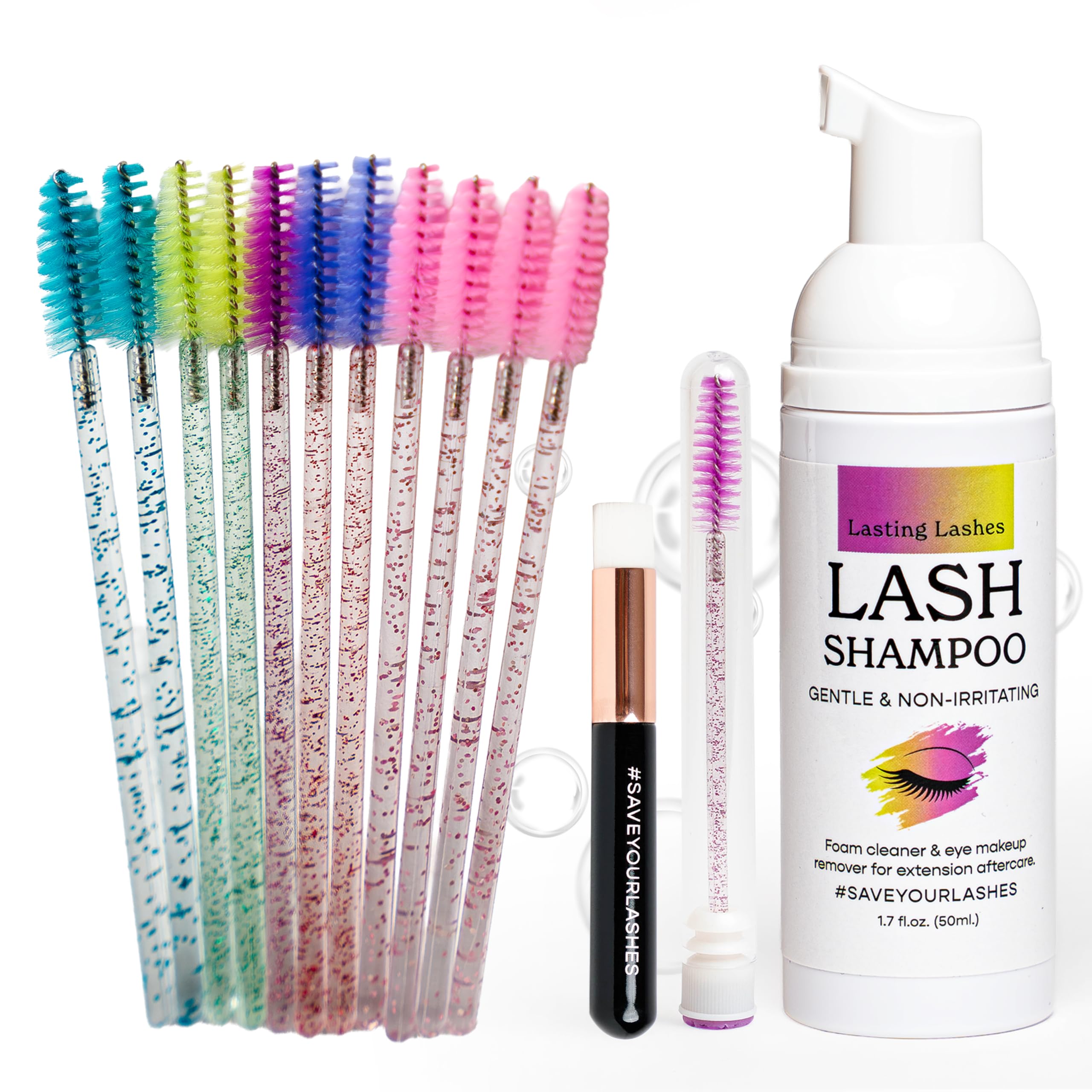 Lasting Lashes Eyelash Extension Shampoo | Eyelash Extension Cleanser with Brush and 12 Spoolies | Safe and Gentle Wash for Extensions and Natural Lashes | 1.7 fl oz 50ml Lash Shampoo