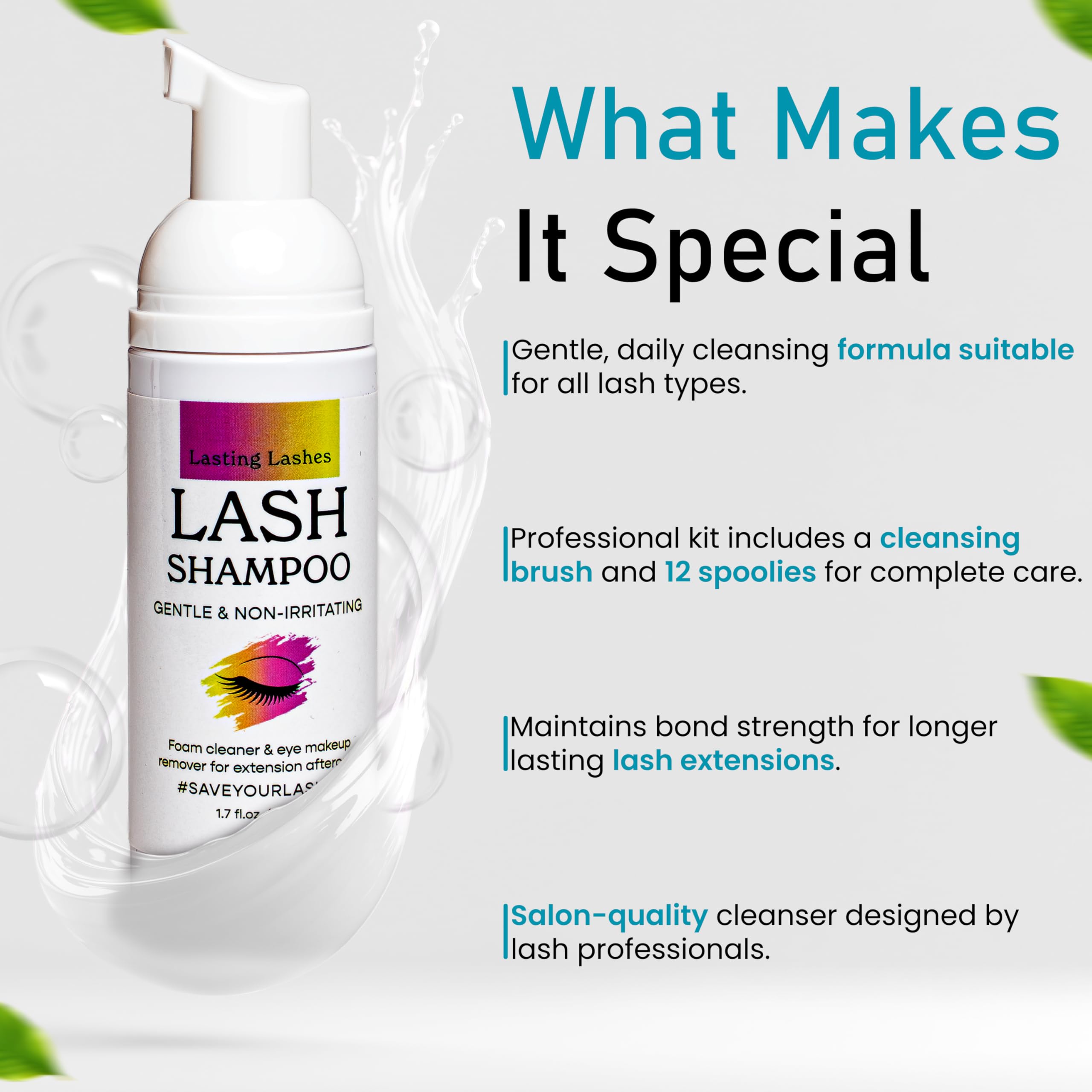 Lasting Lashes Eyelash Extension Shampoo | Eyelash Extension Cleanser with Brush and 12 Spoolies | Safe and Gentle Wash for Extensions and Natural Lashes | 1.7 fl oz 50ml Lash Shampoo