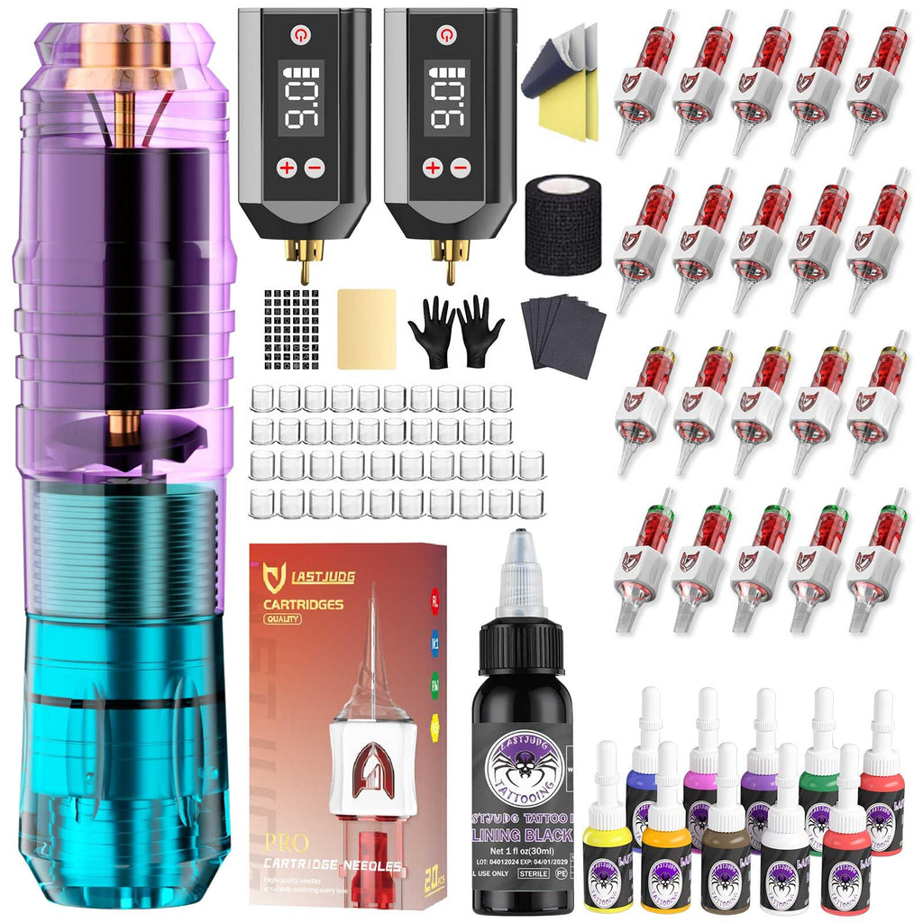 LASTJUDG Tattoo Pen Kit Wireless – Complete Beginner Tattoo Supplies with 2 Batteries and 11 Inks