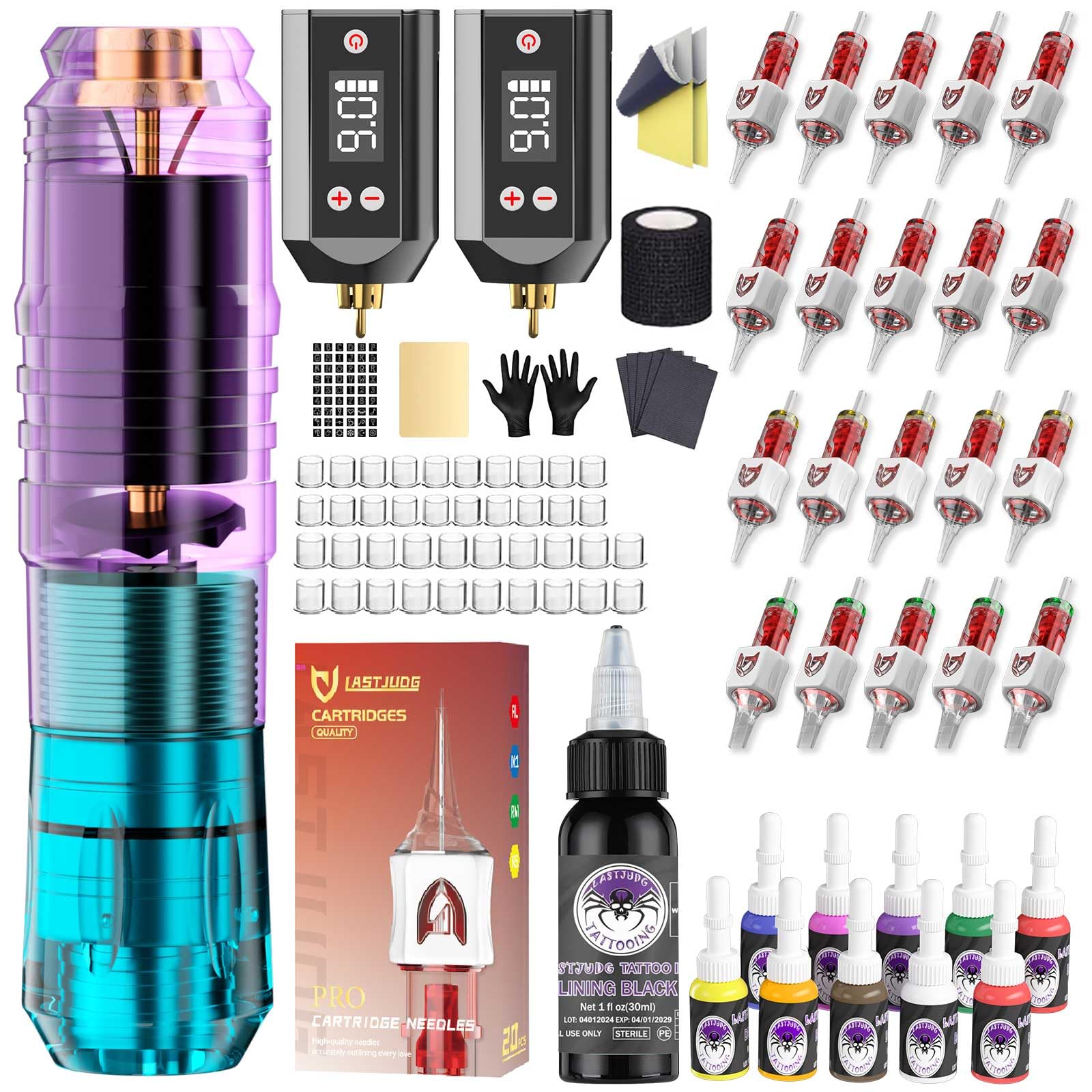 LASTJUDG Tattoo Pen Kit Wireless – Complete Beginner Tattoo Supplies with 2 Batteries and 11 Inks