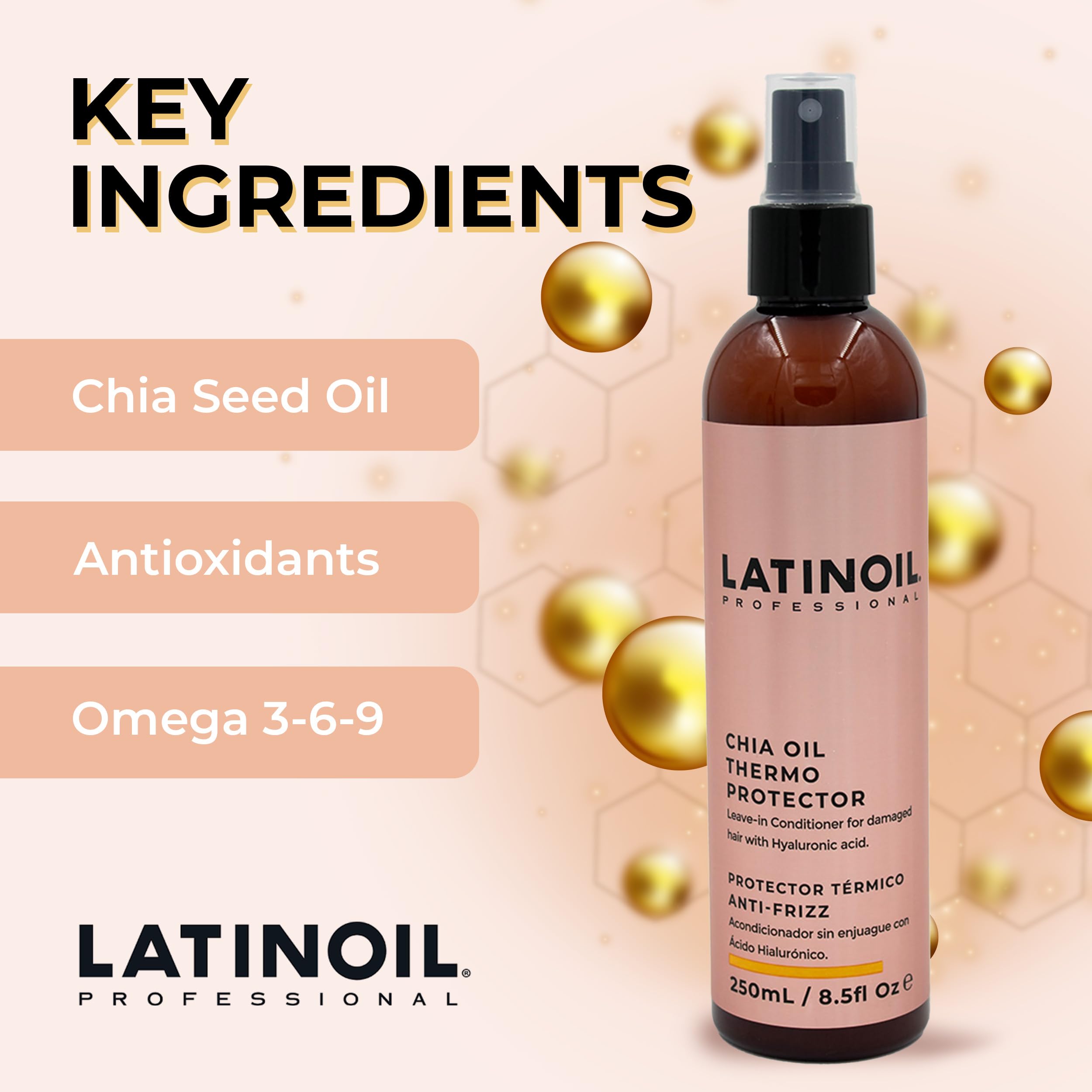 LATINOIL Chia Oil Heat Protectant Spray – Hair Heat Shield & Leave-In Conditioner (8 oz)