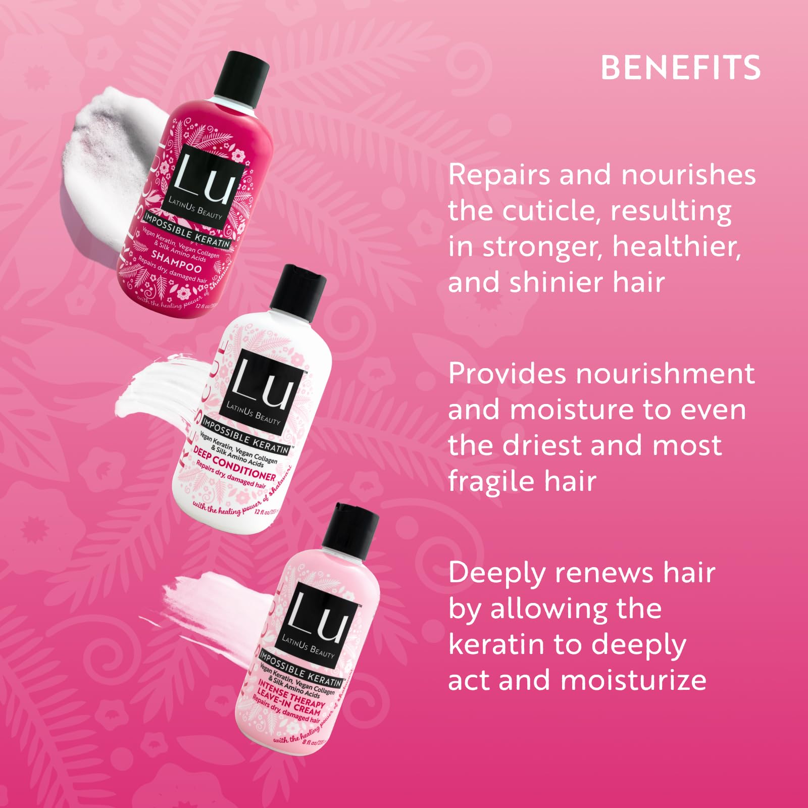 Lu by LatinUs Beauty Rescue Collection — Complete Hair Repair System (3-Piece, 32 Fl Oz) | Shampoo, Conditioner & Leave-In Cream