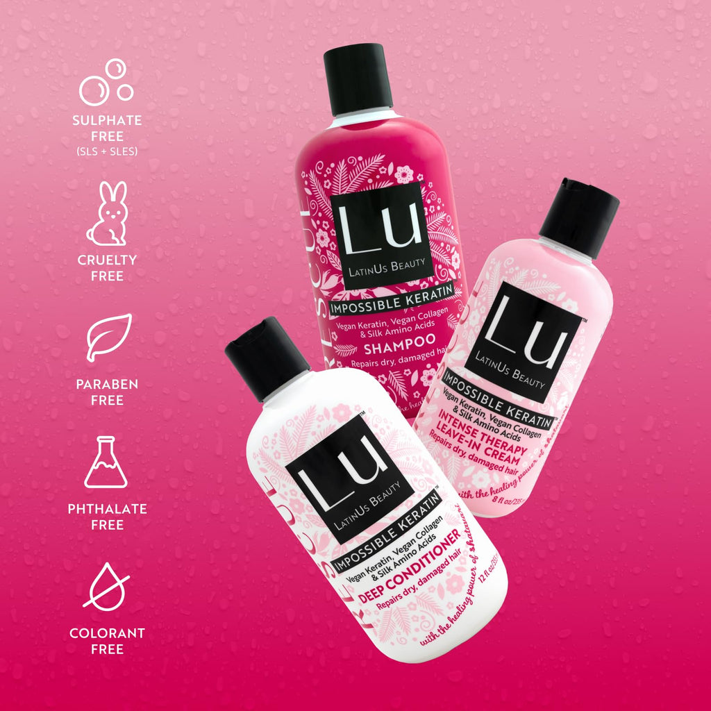 Lu by LatinUs Beauty Rescue Collection — Complete Hair Repair System (3-Piece, 32 Fl Oz) | Shampoo, Conditioner & Leave-In Cream