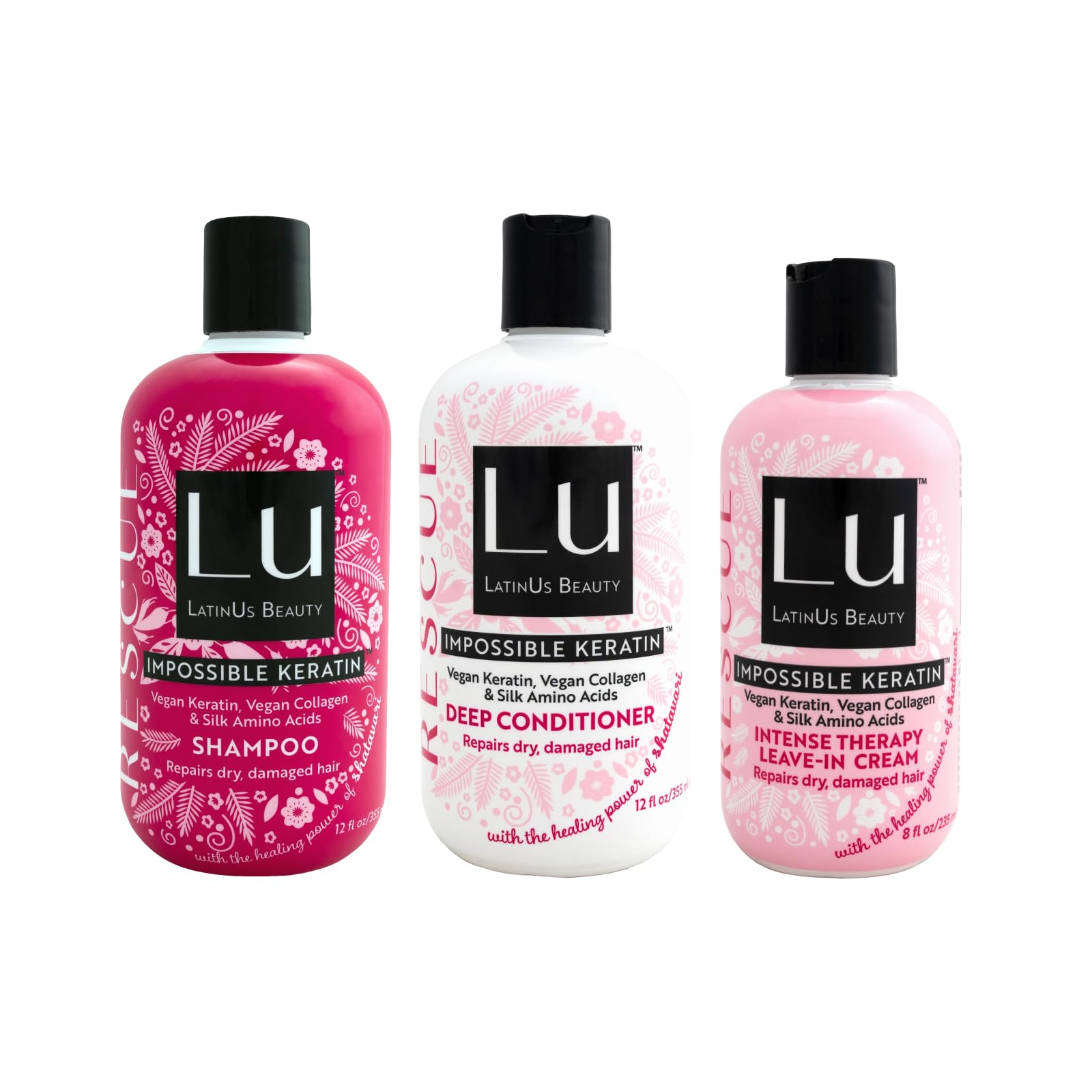Lu by LatinUs Beauty Rescue Collection — Complete Hair Repair System (3-Piece, 32 Fl Oz) | Shampoo, Conditioner & Leave-In Cream