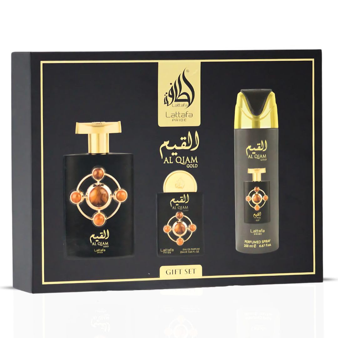 Lattafa Pride Al Qiam Gold 3-Piece Gift Set – Long-Lasting Arabian Men’s Perfume (EDP & Perfumed Spray)