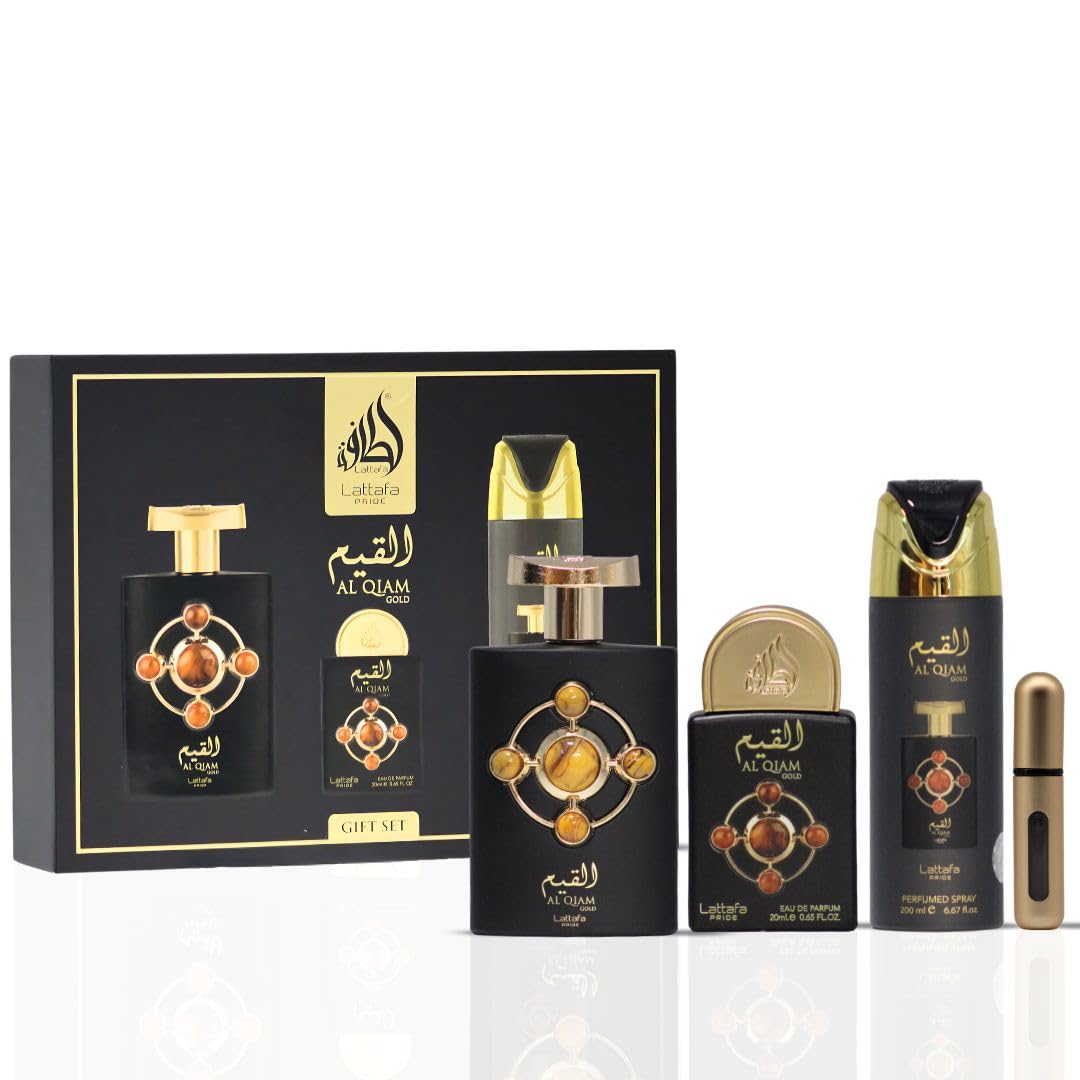 Lattafa Pride Al Qiam Gold 3-Piece Gift Set – Long-Lasting Arabian Men’s Perfume (EDP & Perfumed Spray)