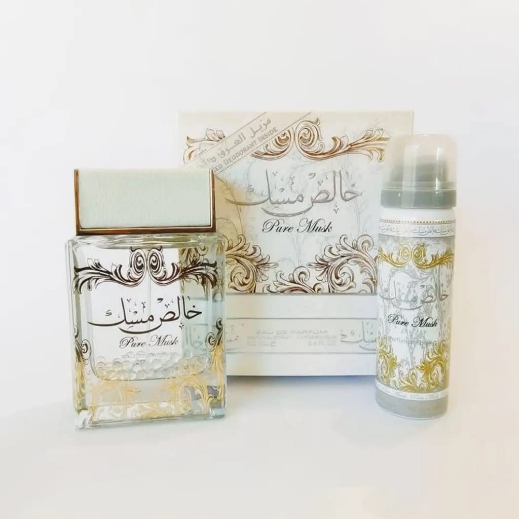 Lattafa Pure Musk 2-Piece Set – Unisex EDP (3.4 oz) + Body Spray (1.7 oz) | Rose, Violet & Ambergris Notes