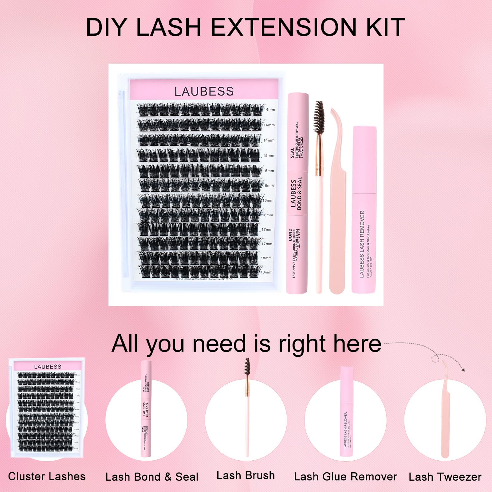LAUBESS Lash Clusters Kit – Beginner Lash Extensions with Bond & Seal, Remover, Tweezers & Brush