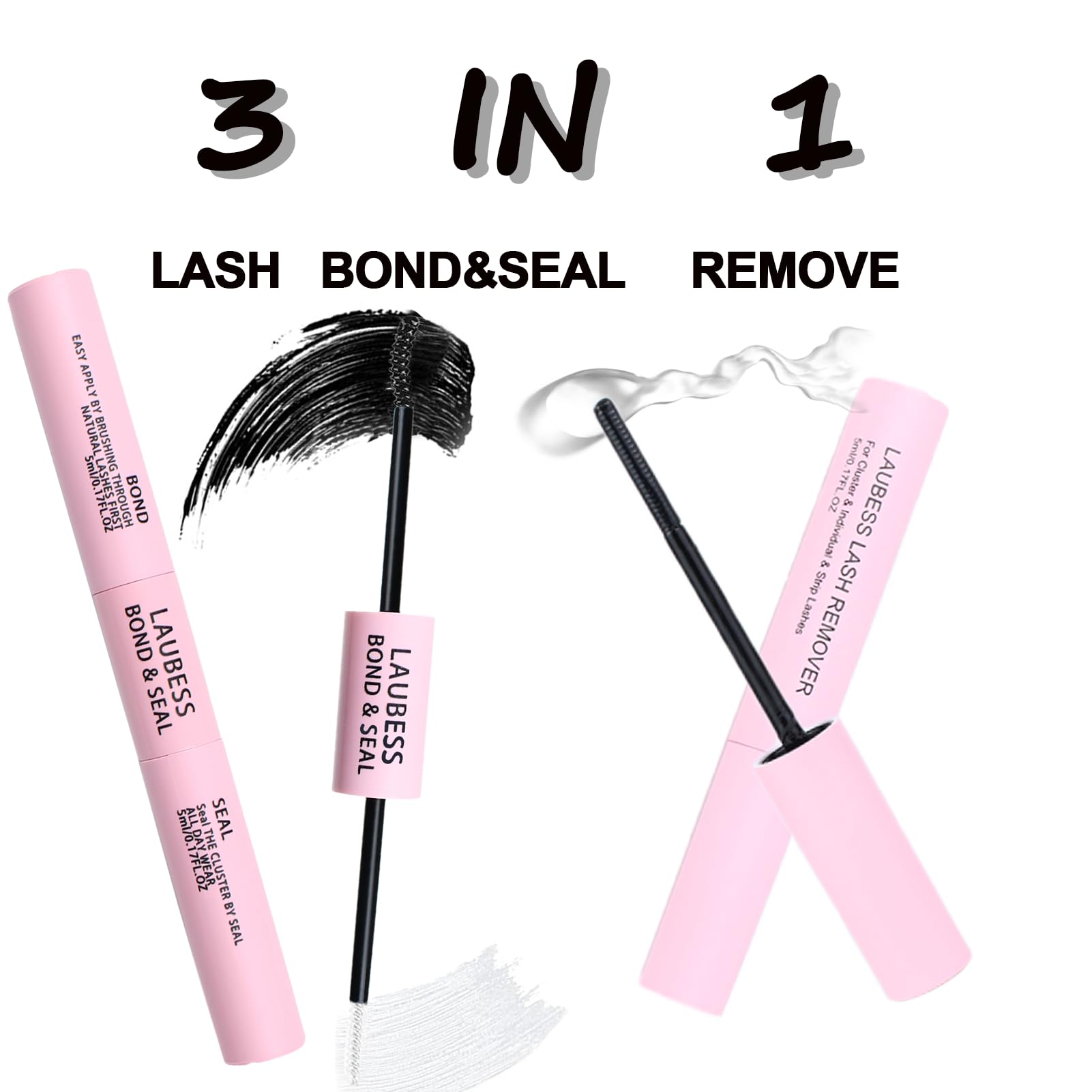 LAUBESS 3-in-1 Lash Glue, Bond & Seal with Remover – Waterproof; Eyelash Extensions (15ml) – Black