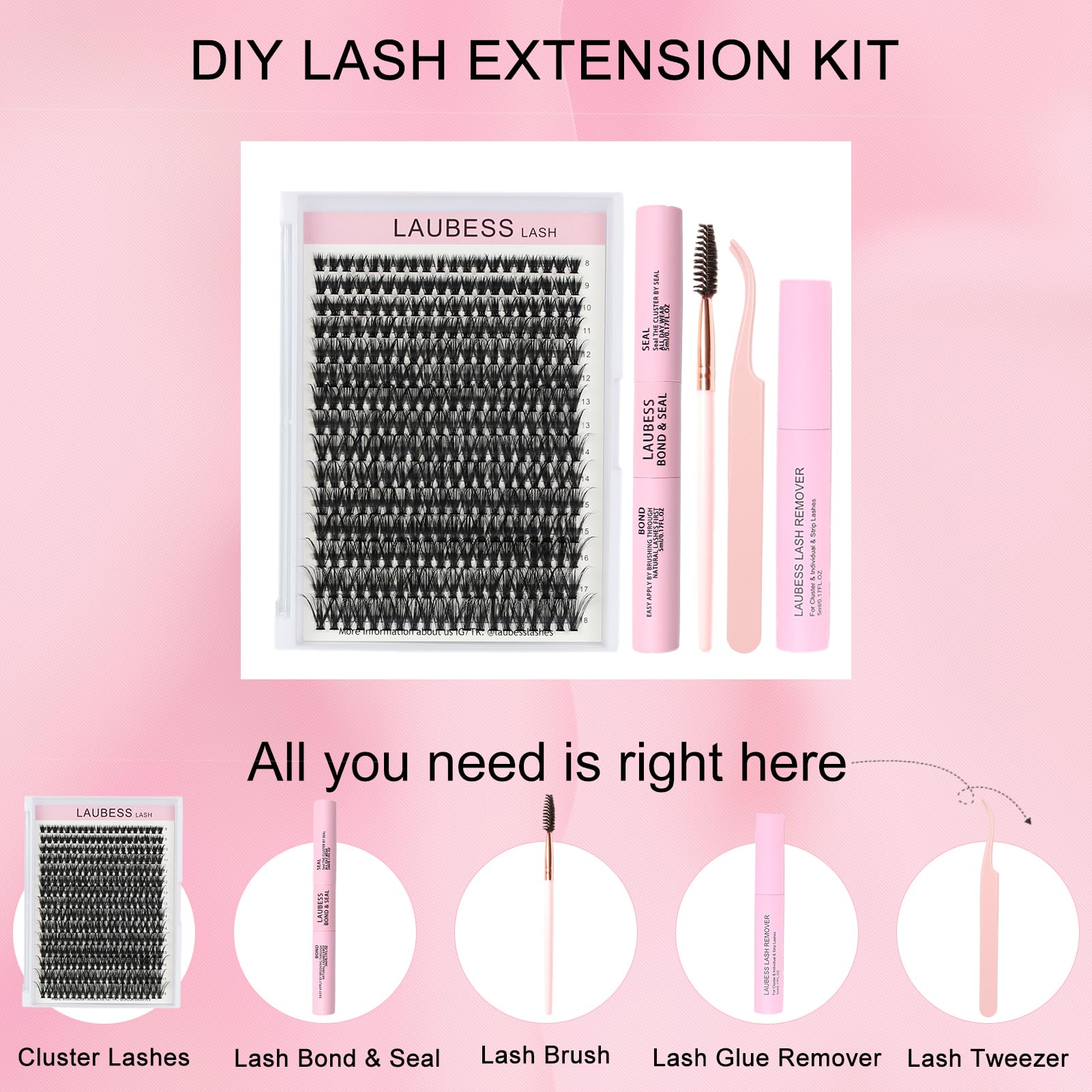 LAUBESS LASH Lash Extension Kit 300 Pcs – DIY Clusters, Bond & Seal, Remover, Tweezers