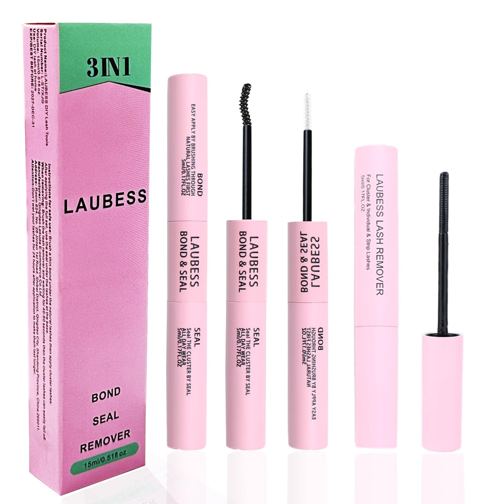 LAUBESS 3-in-1 Lash Glue, Bond & Seal with Remover – Waterproof; Eyelash Extensions (15ml) – Black