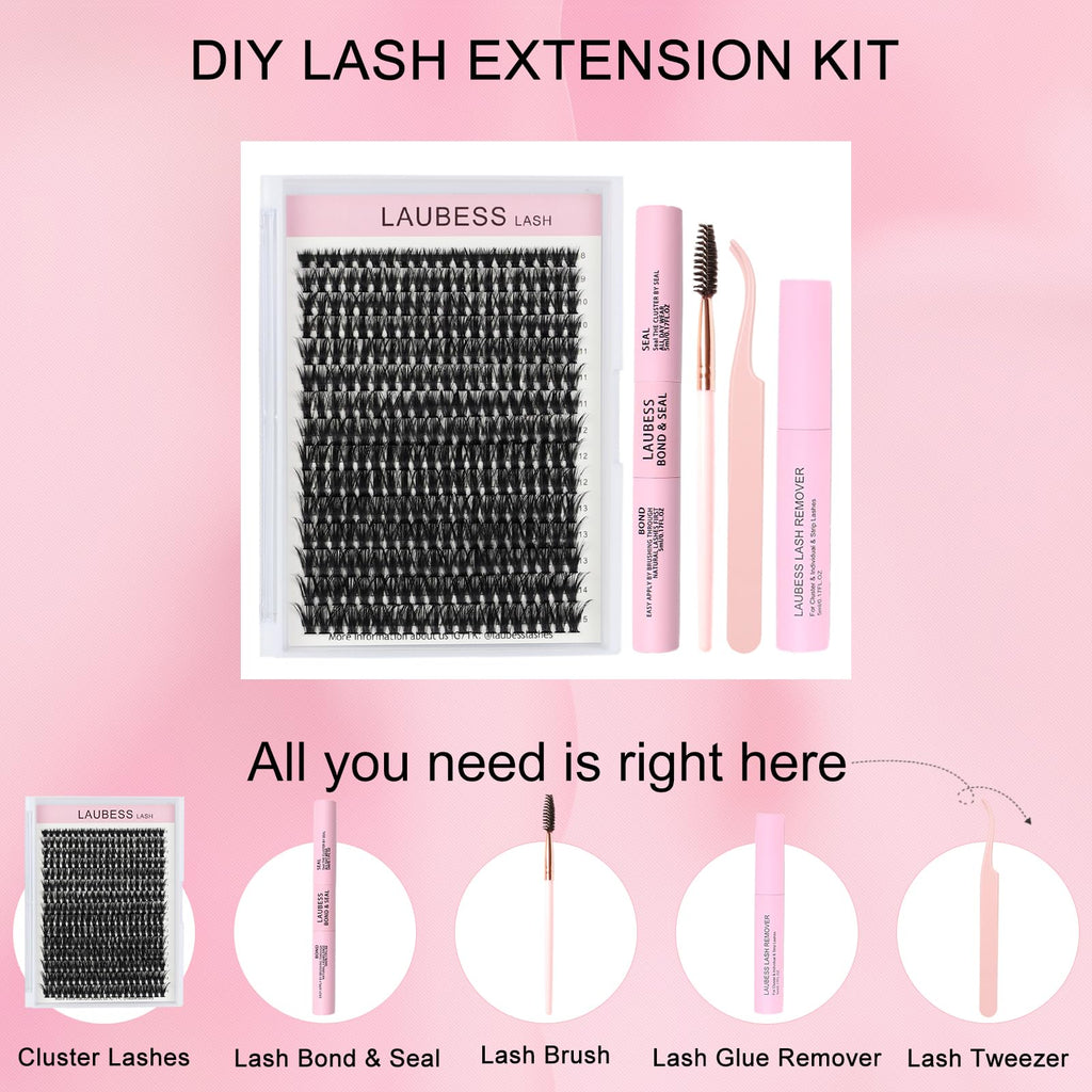 LAUBESS LASH Eyelash Extension Kit 50D 300 Pcs – DIY Cluster Lashes + Bond & Seal