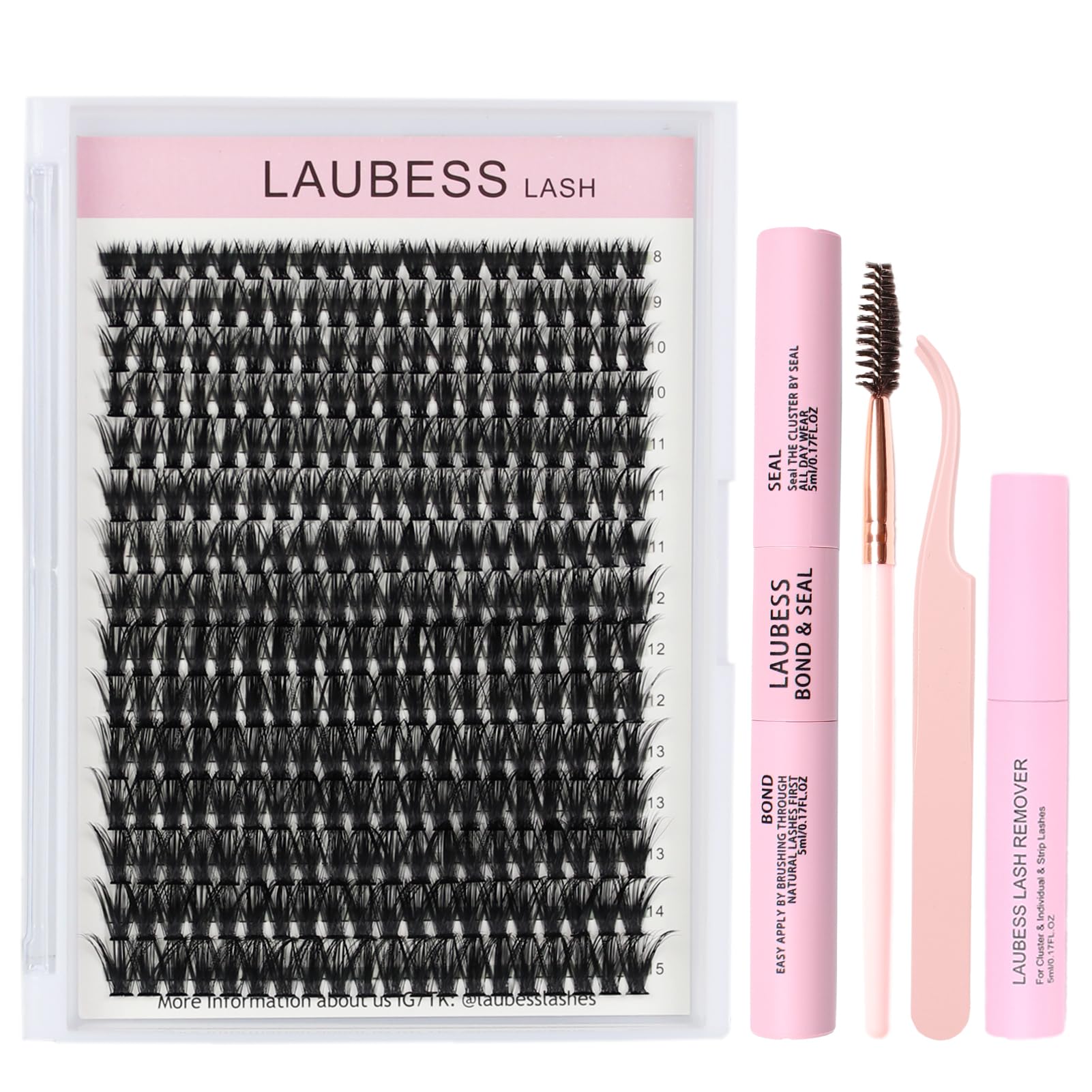 LAUBESS LASH Eyelash Extension Kit 50D 300 Pcs – DIY Cluster Lashes + Bond & Seal