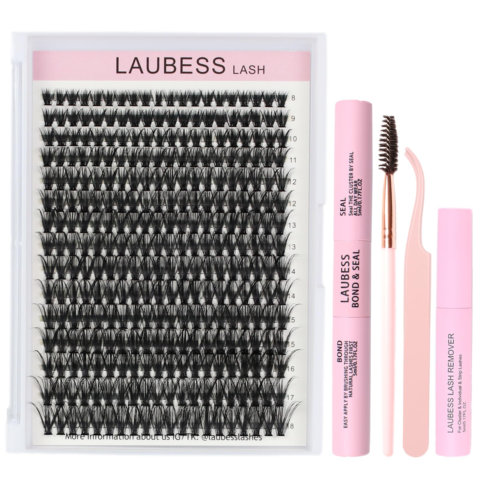 LAUBESS LASH Lash Extension Kit 300 Pcs – DIY Clusters, Bond & Seal, Remover, Tweezers