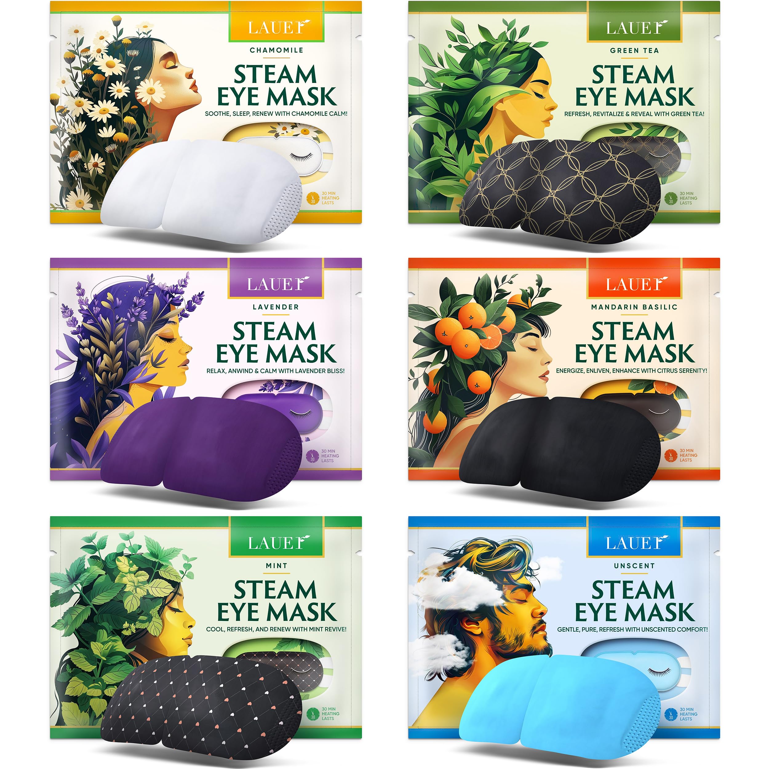 LAUER COSMETIC Heated Eye Steam Mask – Dry Eye Relief, 6-Scent Pack (Lavender, Chamomile, Green Tea, Mint, Mandarin Basilic, Unscented)