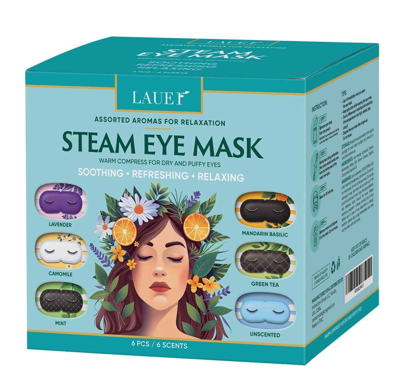 LAUER COSMETIC Heated Eye Steam Mask – Dry Eye Relief, 6-Scent Pack (Lavender, Chamomile, Green Tea, Mint, Mandarin Basilic, Unscented)