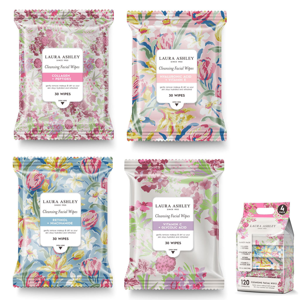 Laura Ashley 4-Pack Face Wipes for Women – Makeup Remover, Vitamin C, Retinol, Hyaluronic Acid | 120 Wipes